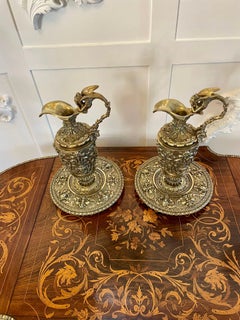 Superb Quality Pair of Antique Victorian Gilded Brass Ewers and Dishes