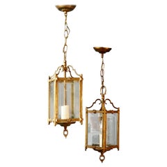 Antique Superb Quality Pair of Art Deco French Brass and Etched Glass Lanterns
