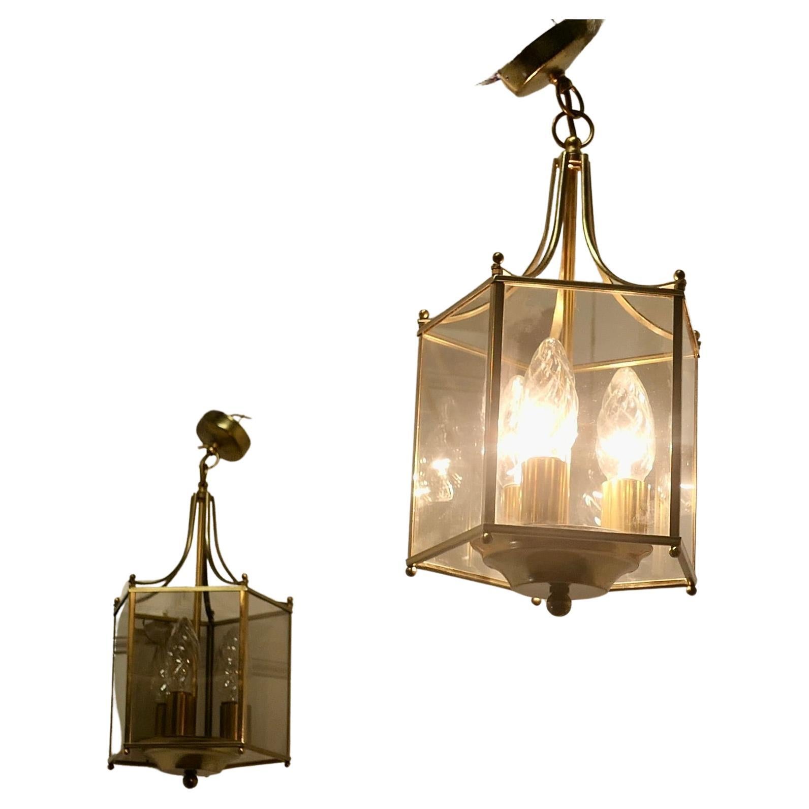 Superb Quality Pair of Art Deco Style Brass and Glass Lanterns      For Sale