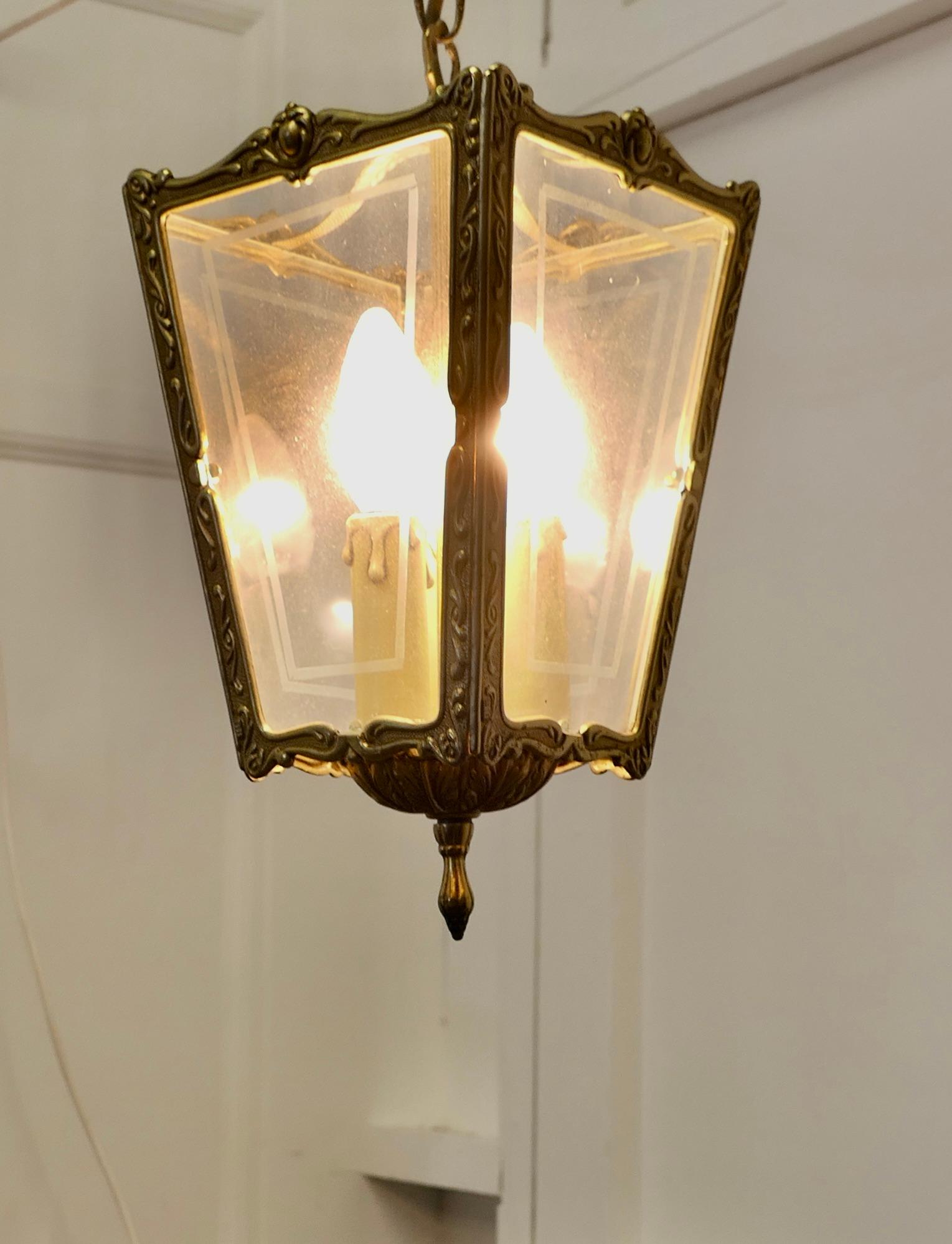 Superb Quality Pair of French Brass and Etched Glass Lanterns    For Sale 2