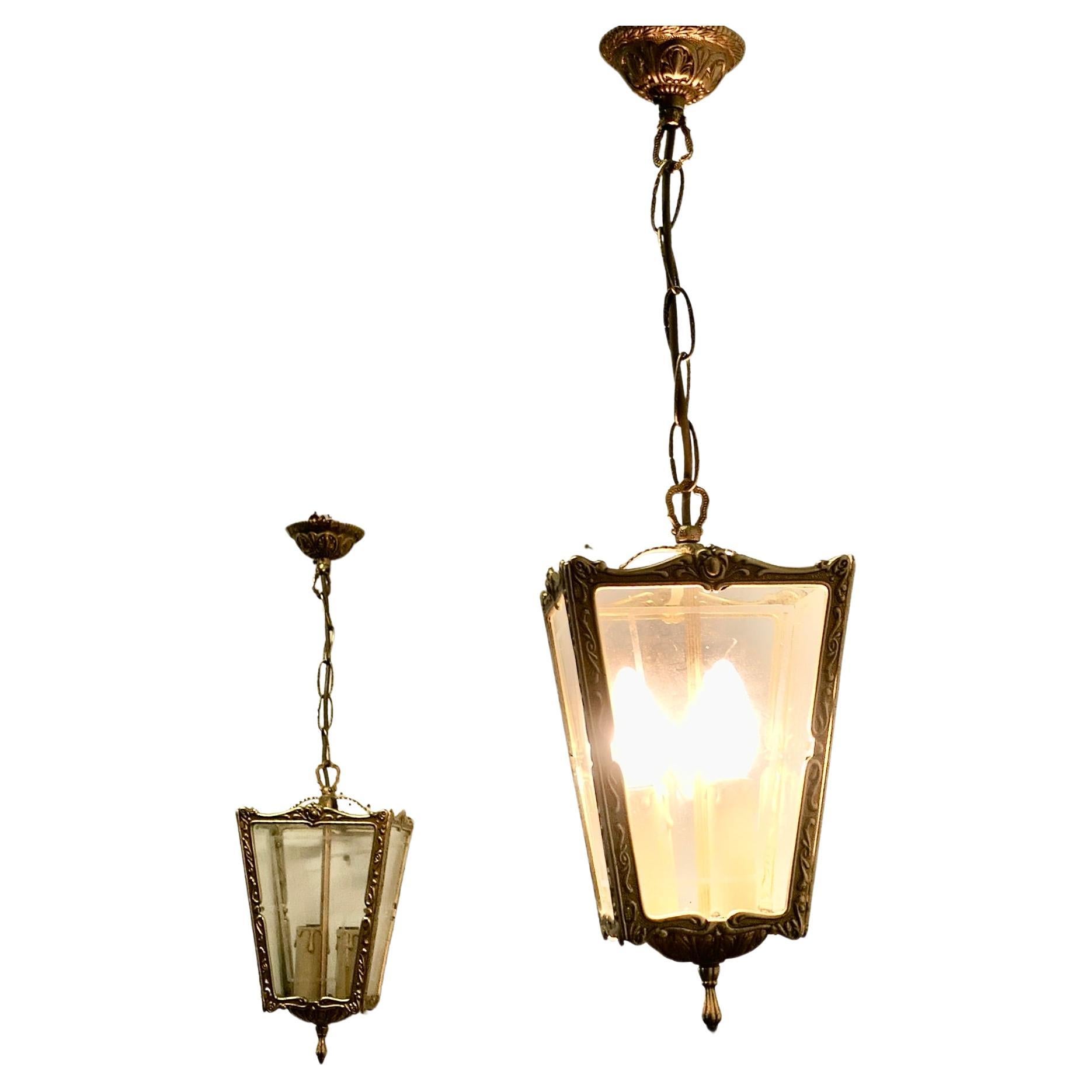 Superb Quality Pair of French Brass and Etched Glass Lanterns    For Sale