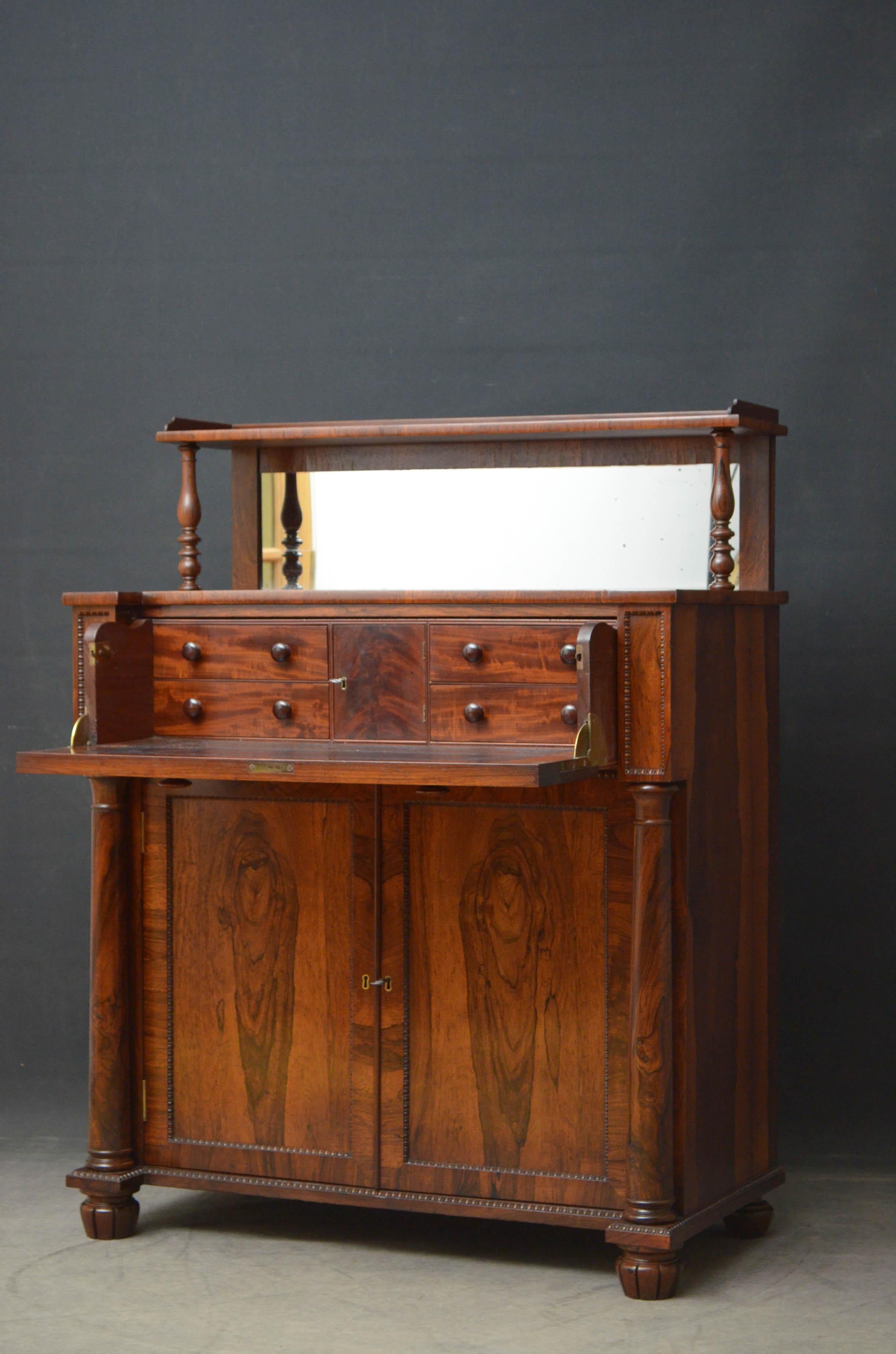 Sn4726 superb Regency chiffonier in rosewood in the manner of Gillows, having mirrored upstand to the back and fantastic top above a secretaire section which opens to reveal a cupboard, small drawers and leather writing surface, the base having a