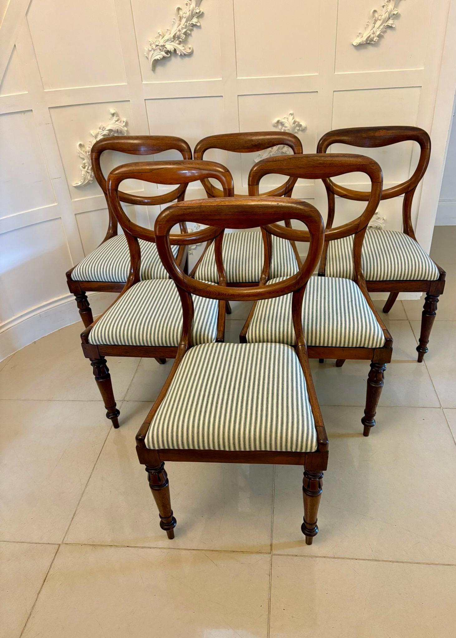 Superb quality set of 6 antique Victorian rosewood dining chairs having an outstanding quality rosewood shaped back, newly reupholstered drop in seats in a quality fabric standing on carved turned tapering legs to the front and out swept back