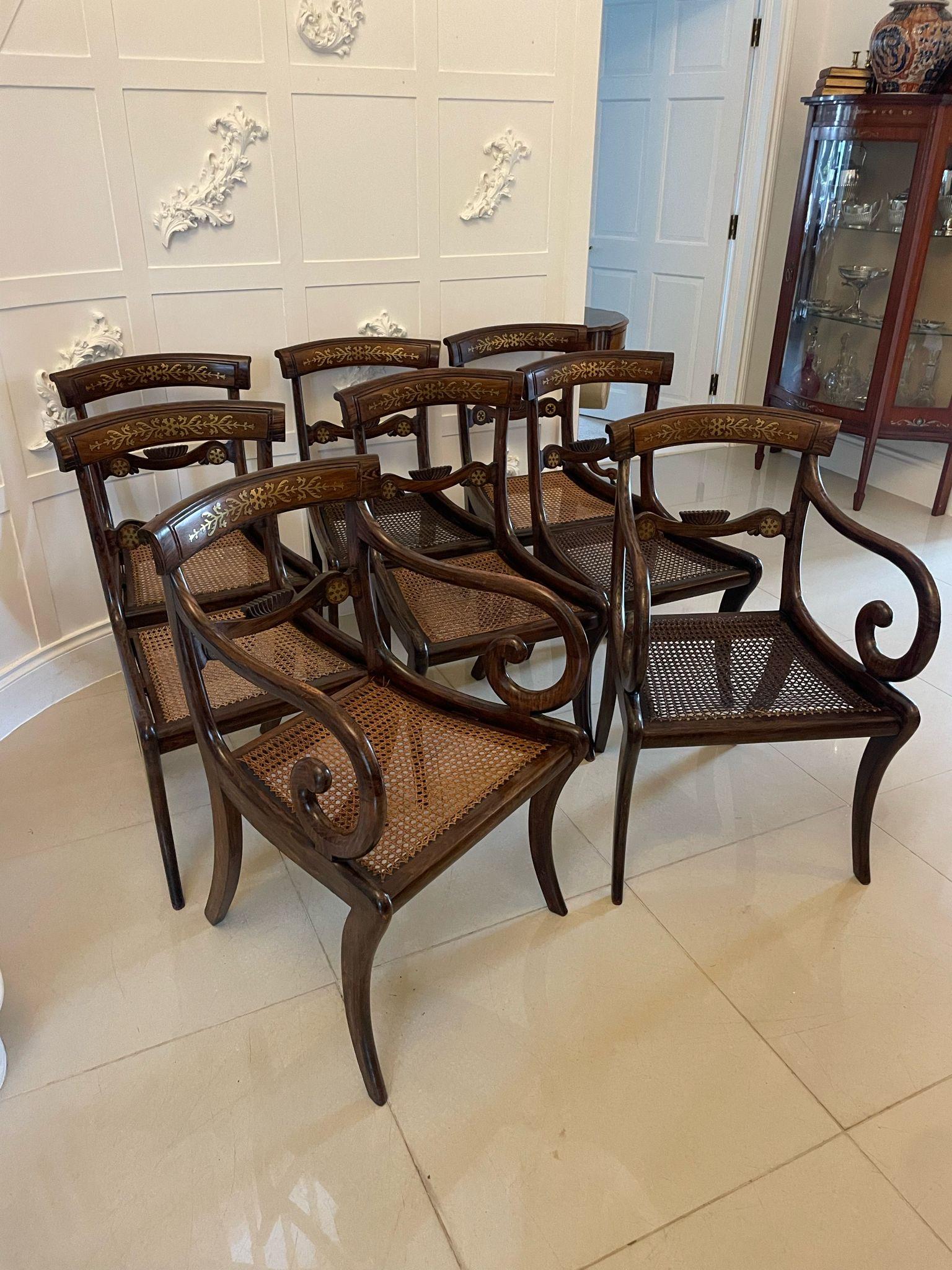 Superb quality set of 8 antique Regency rosewood brass inlaid dining chairs consisting of two elbow chairs and six side chairs having a superb quality brass inlay and reeded top rail, brass inlaid and carved rosewood centre splat, cane seats, sabre