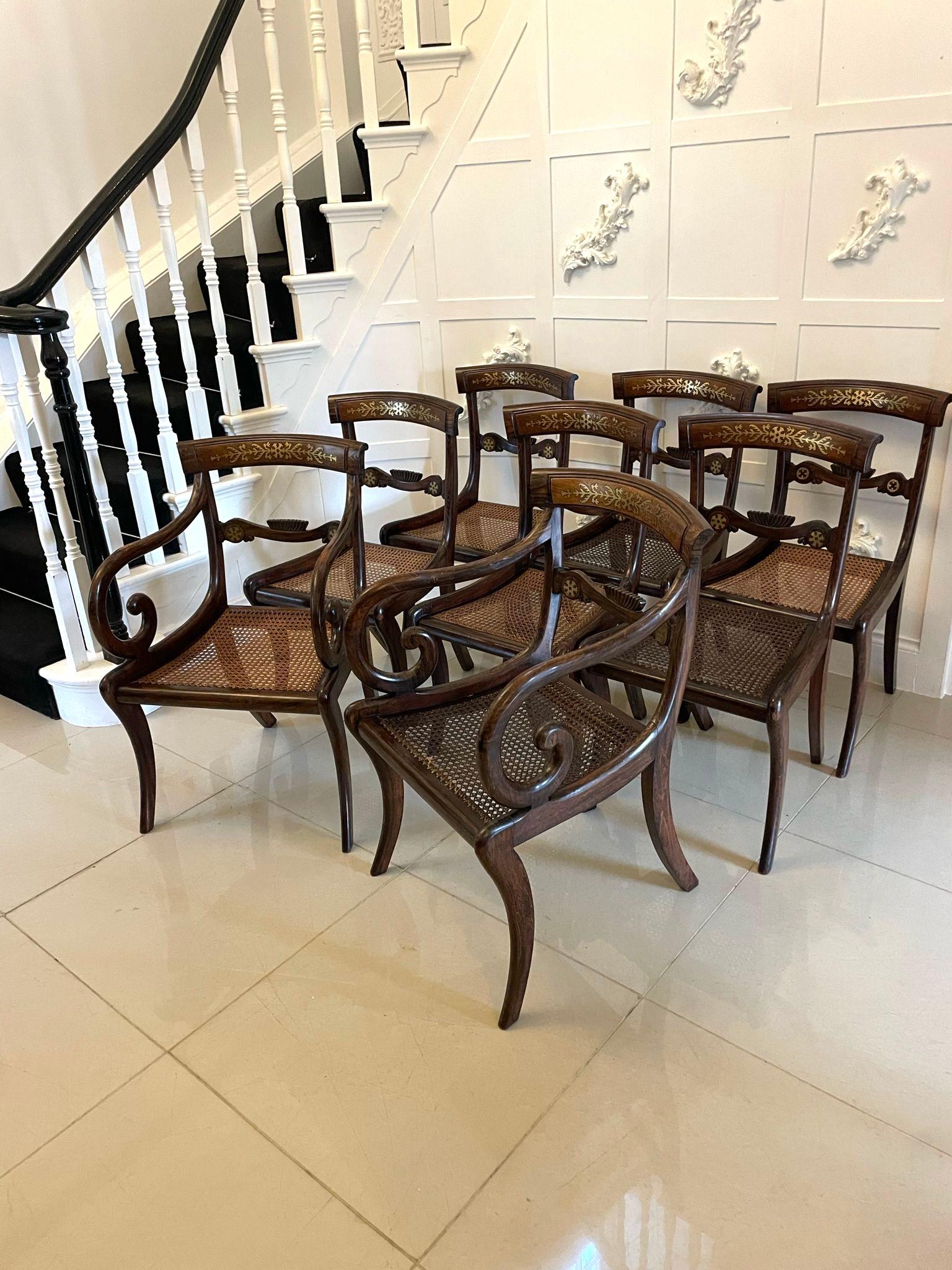 English Superb Quality Set of 8 Antique Regency Rosewood Brass Inlaid Dining Chairs  For Sale