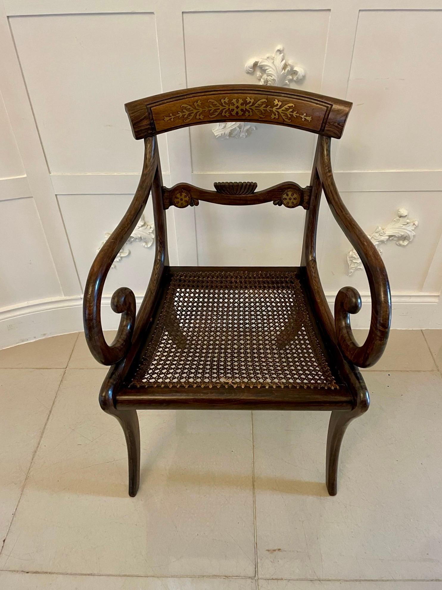 Superb Quality Set of 8 Antique Regency Rosewood Brass Inlaid Dining Chairs  For Sale 3
