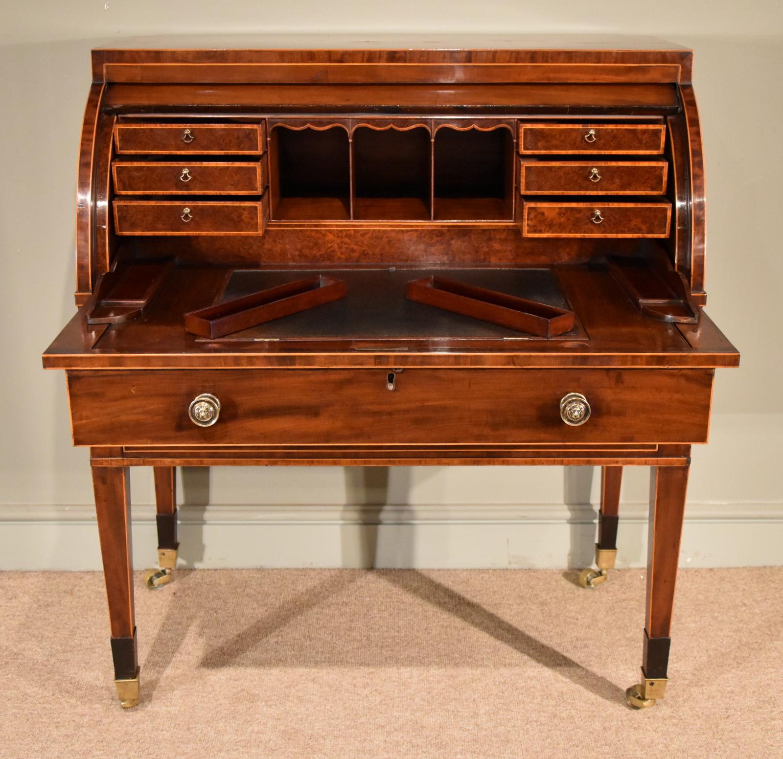 George III Superb Quality Sheraton Period Mahogany and Boxwood Cylinder Desk