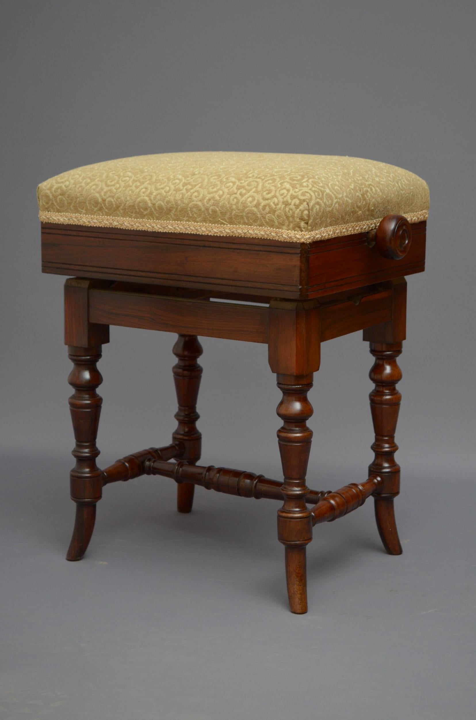 M01 Fine quality Victorian, rosewood dressing stool, having newly upholstered seat and height adjustable mechanism, all standing on turned outswept legs united by ringed stretches. This rosewood stool is in fantastic condition throughout, ready to