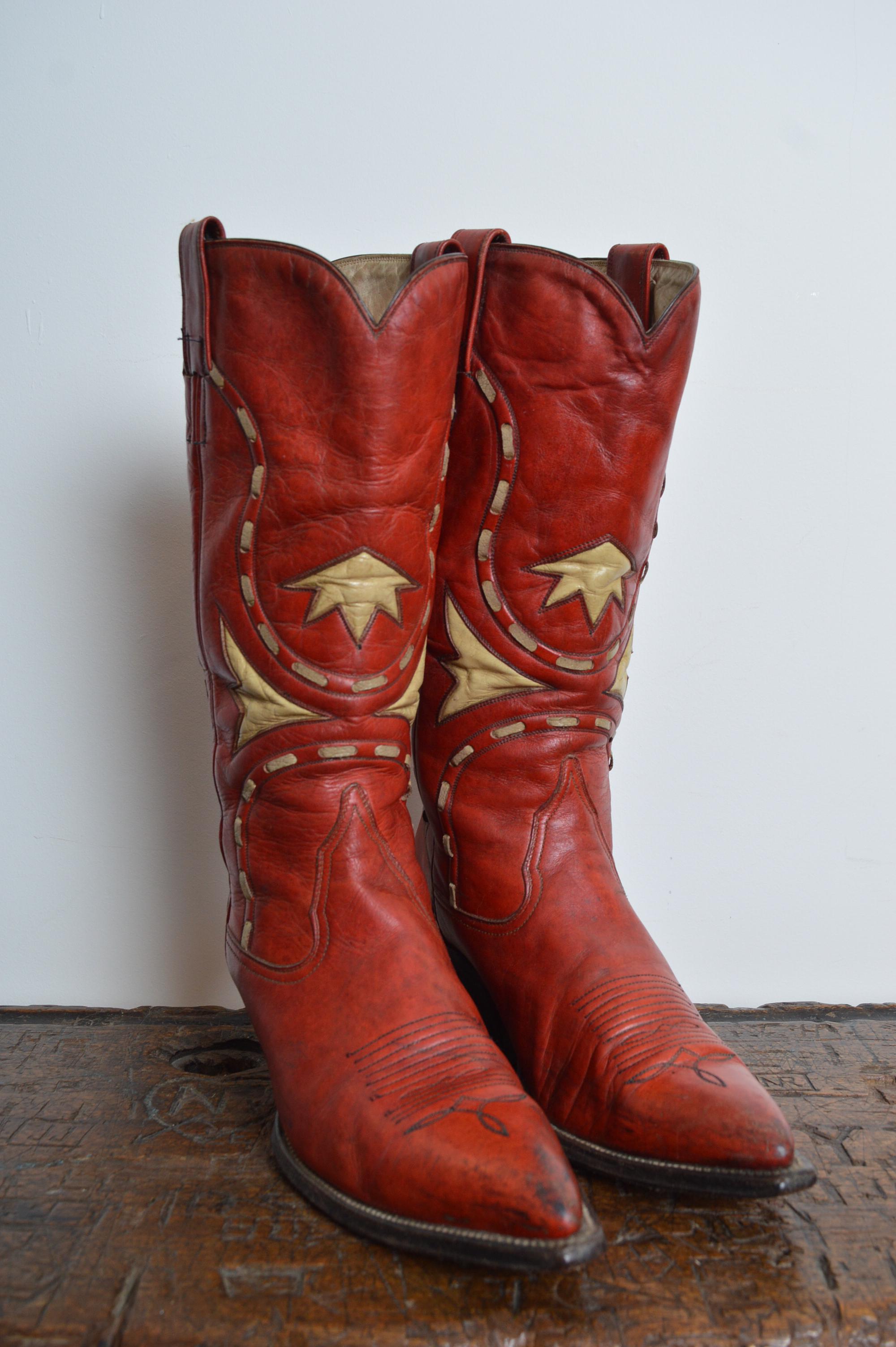 Superb Quality Vintage Cowboy Boots in Red & White Leather Circa 1950. For Sale 1