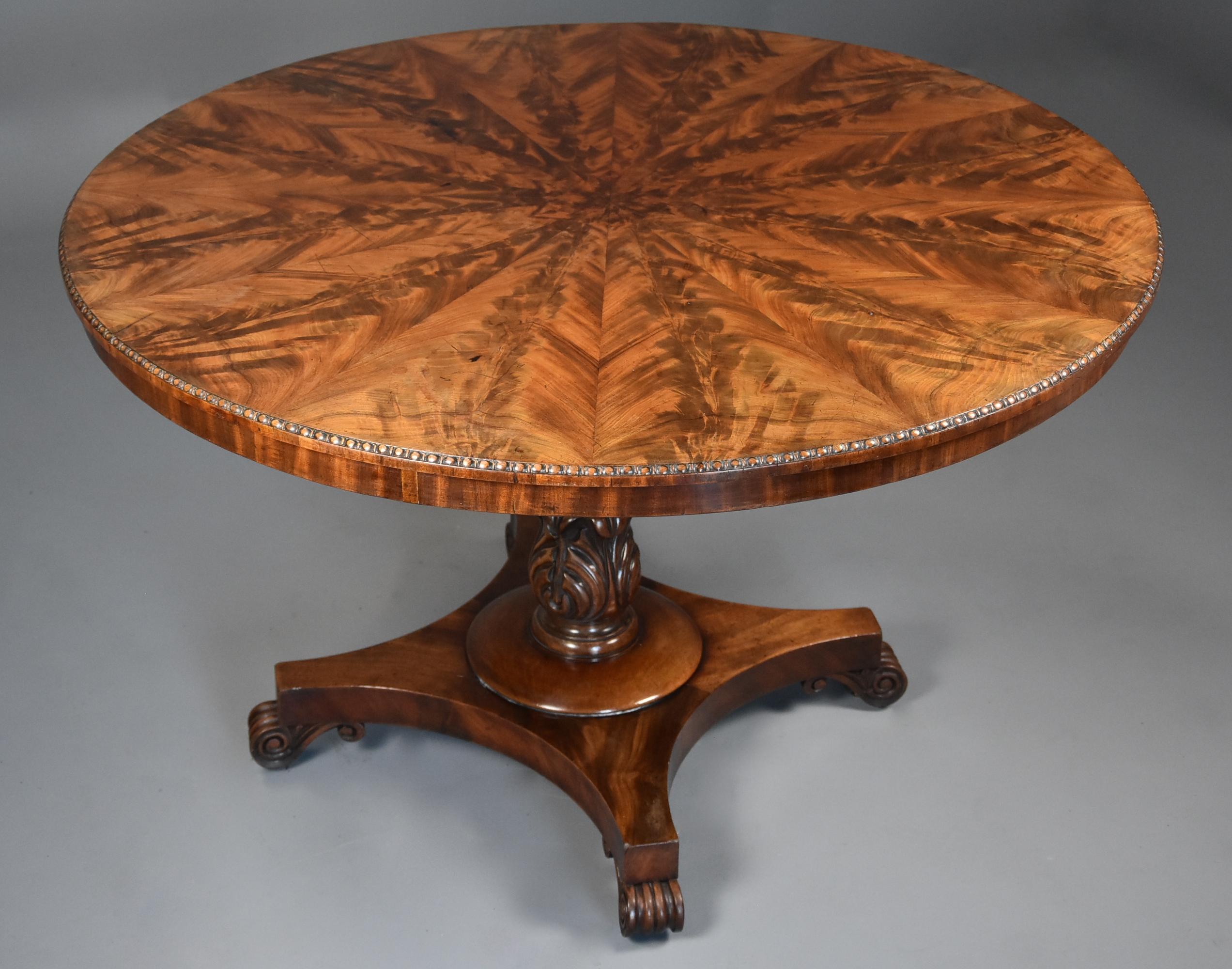 A superb quality William IVth (circa 1835) mahogany tilt-top breakfast table of fine patina (color).

This table consists of a superbly figured curl mahogany segmented circular top of fine patina (color) with ball bead decoration to the edge with