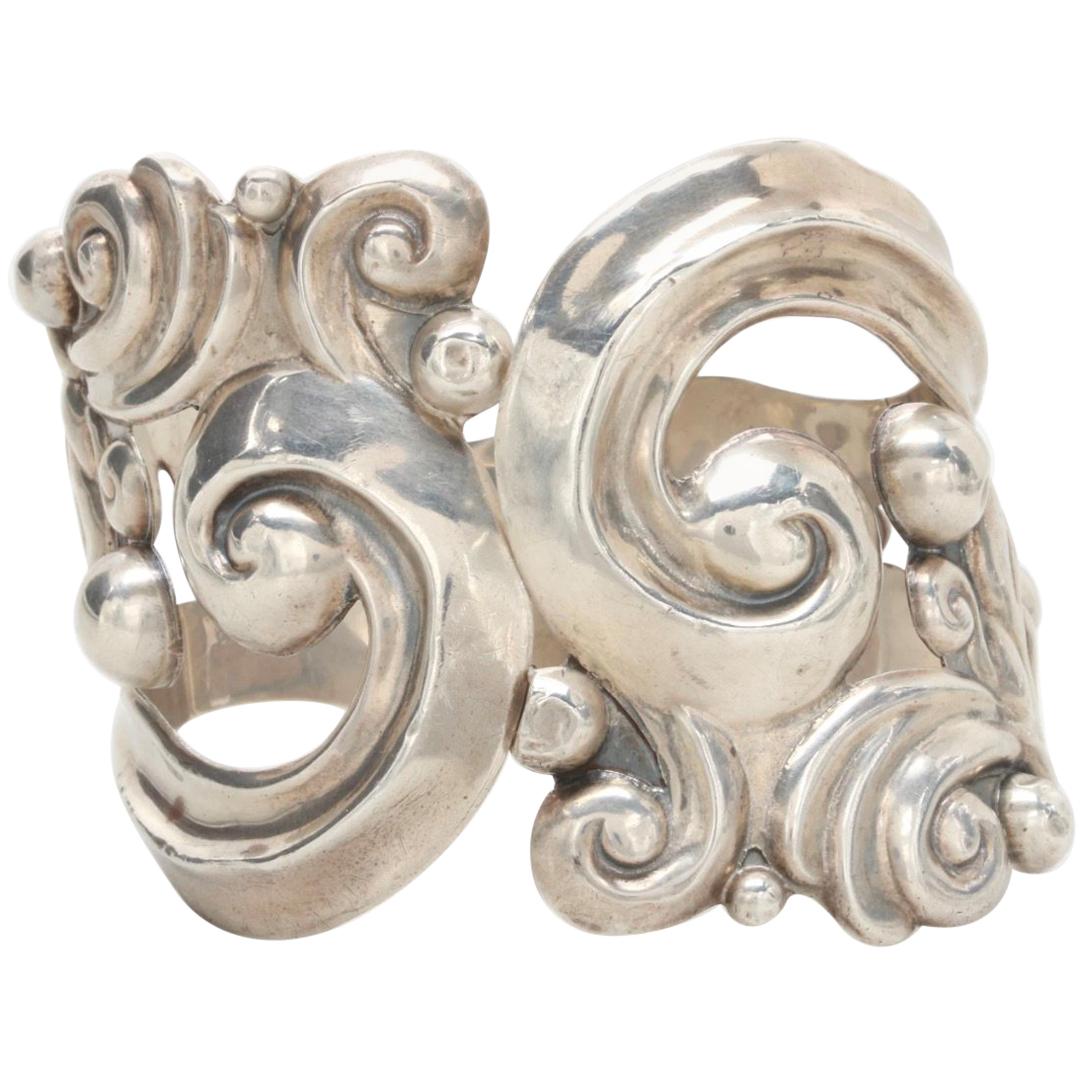 Superb Rare Mexico Sterling Silver Clamper Bracelet c. 1940s by Antonio Pineda For Sale