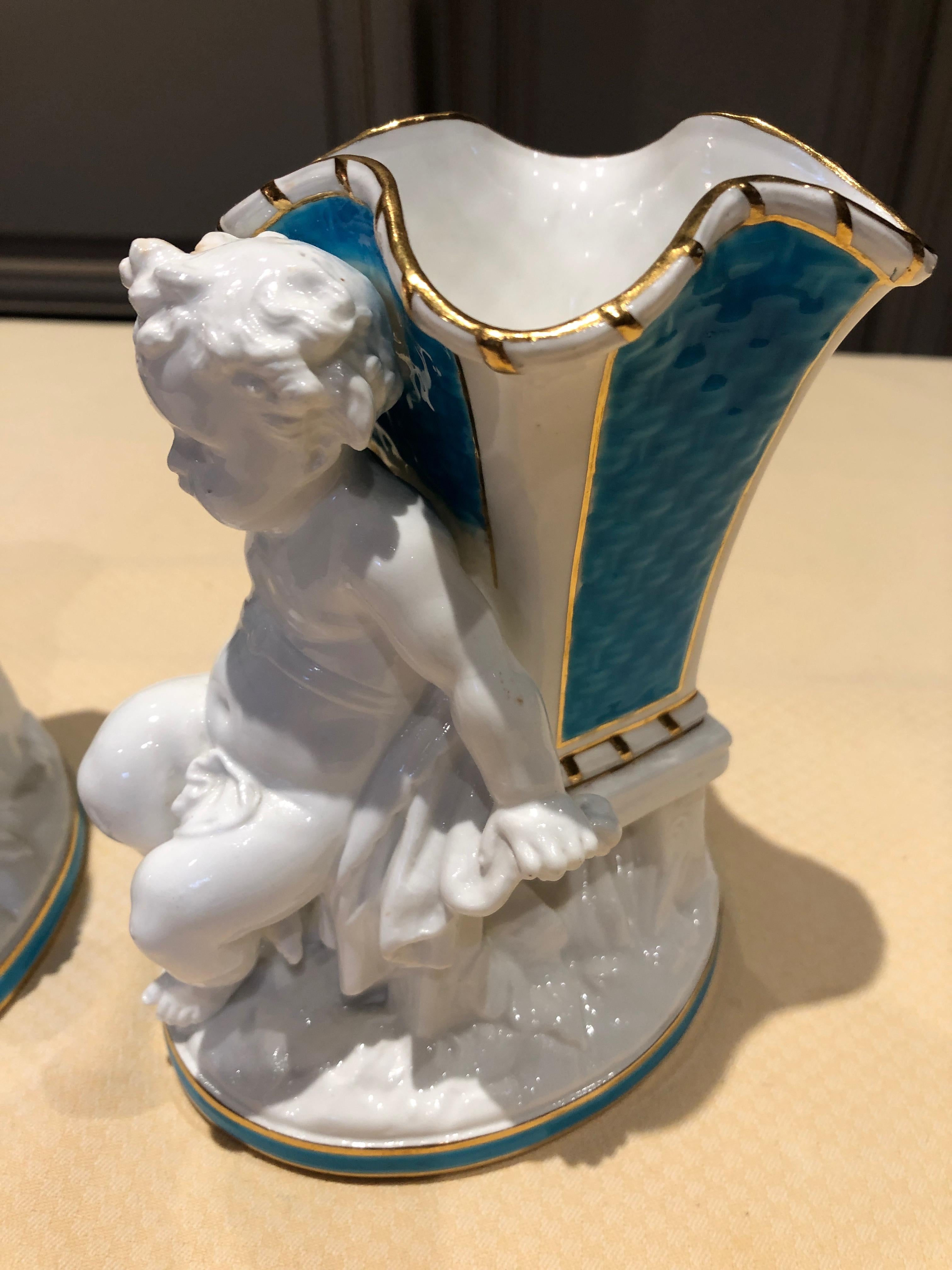 Superb Rare Pair of Cherub Minton Caldwell Tiffany Blue and White Spill Vases For Sale 4