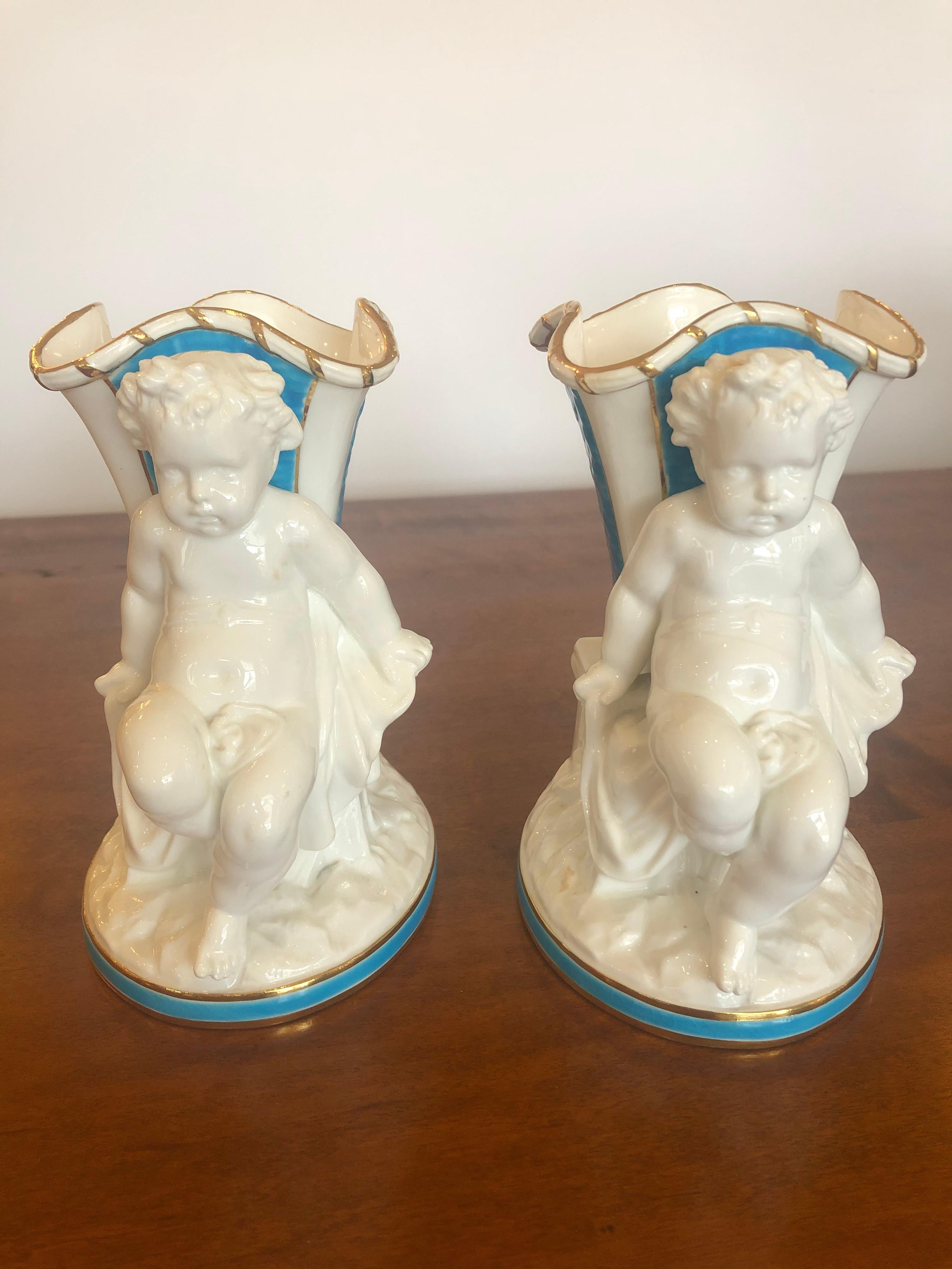 Superb Rare Pair of Cherub Minton Caldwell Tiffany Blue and White Spill Vases For Sale 6