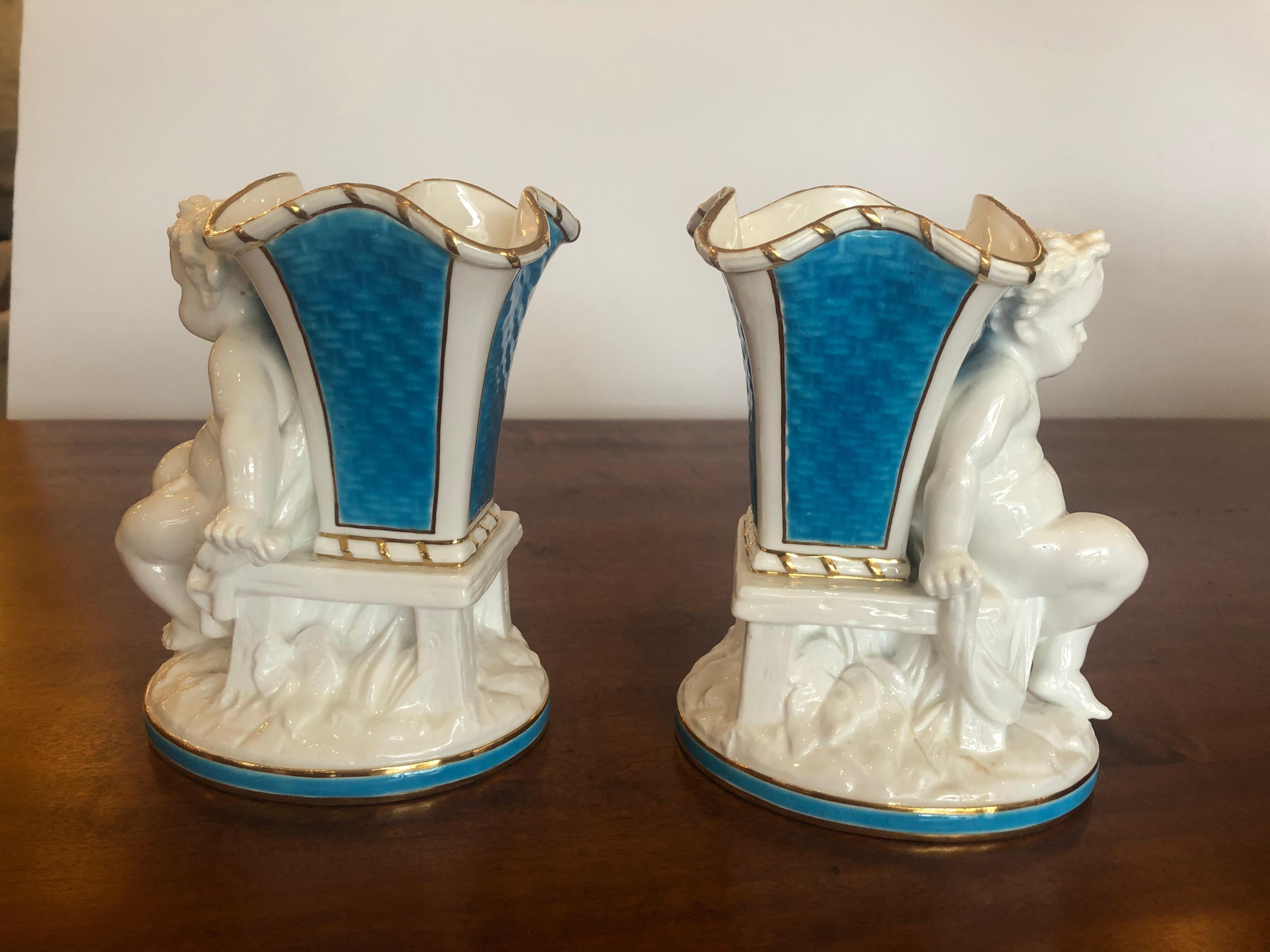 Superb Rare Pair of Cherub Minton Caldwell Tiffany Blue and White Spill Vases For Sale 7