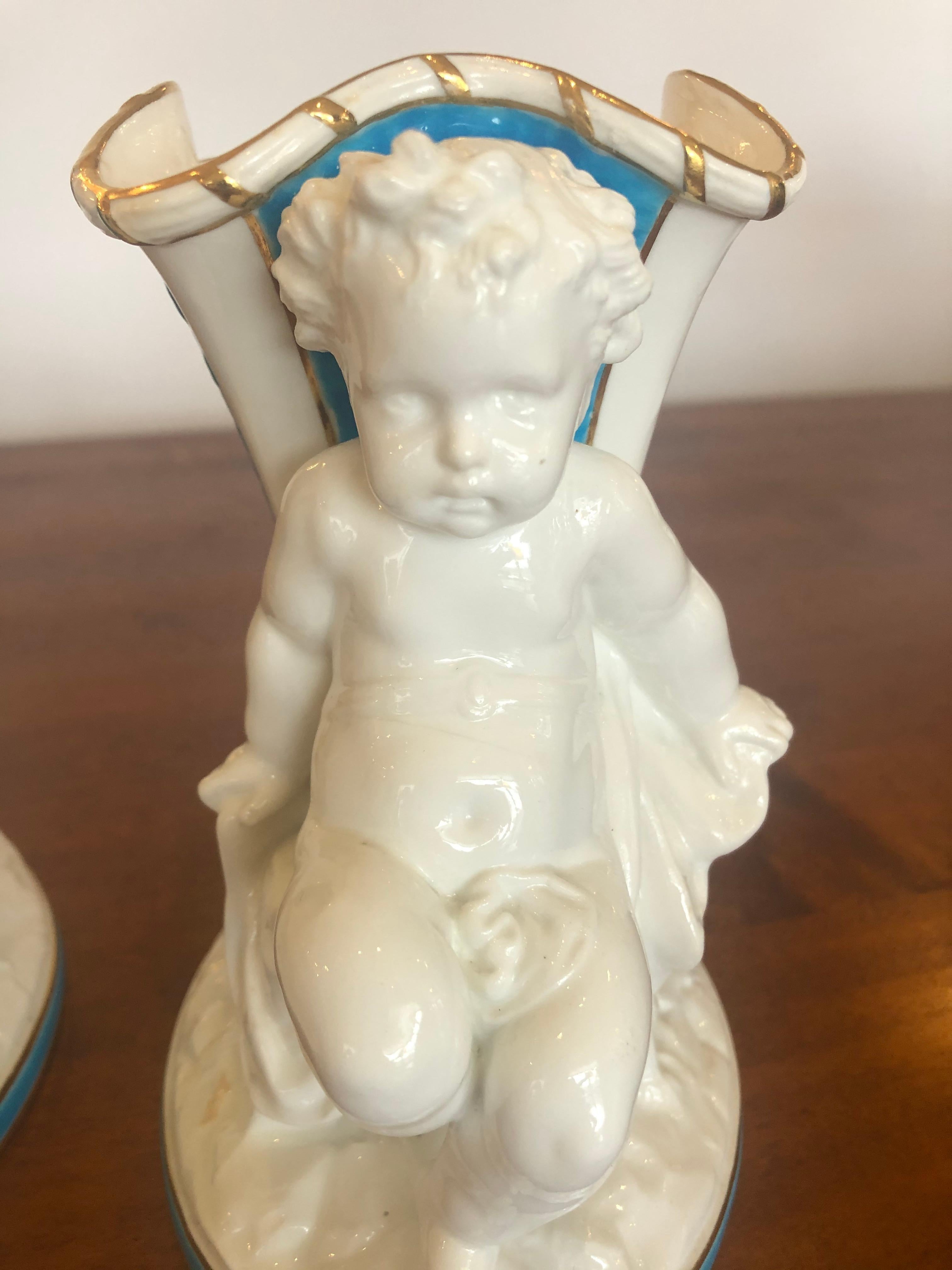 Superb Rare Pair of Cherub Minton Caldwell Tiffany Blue and White Spill Vases For Sale 8