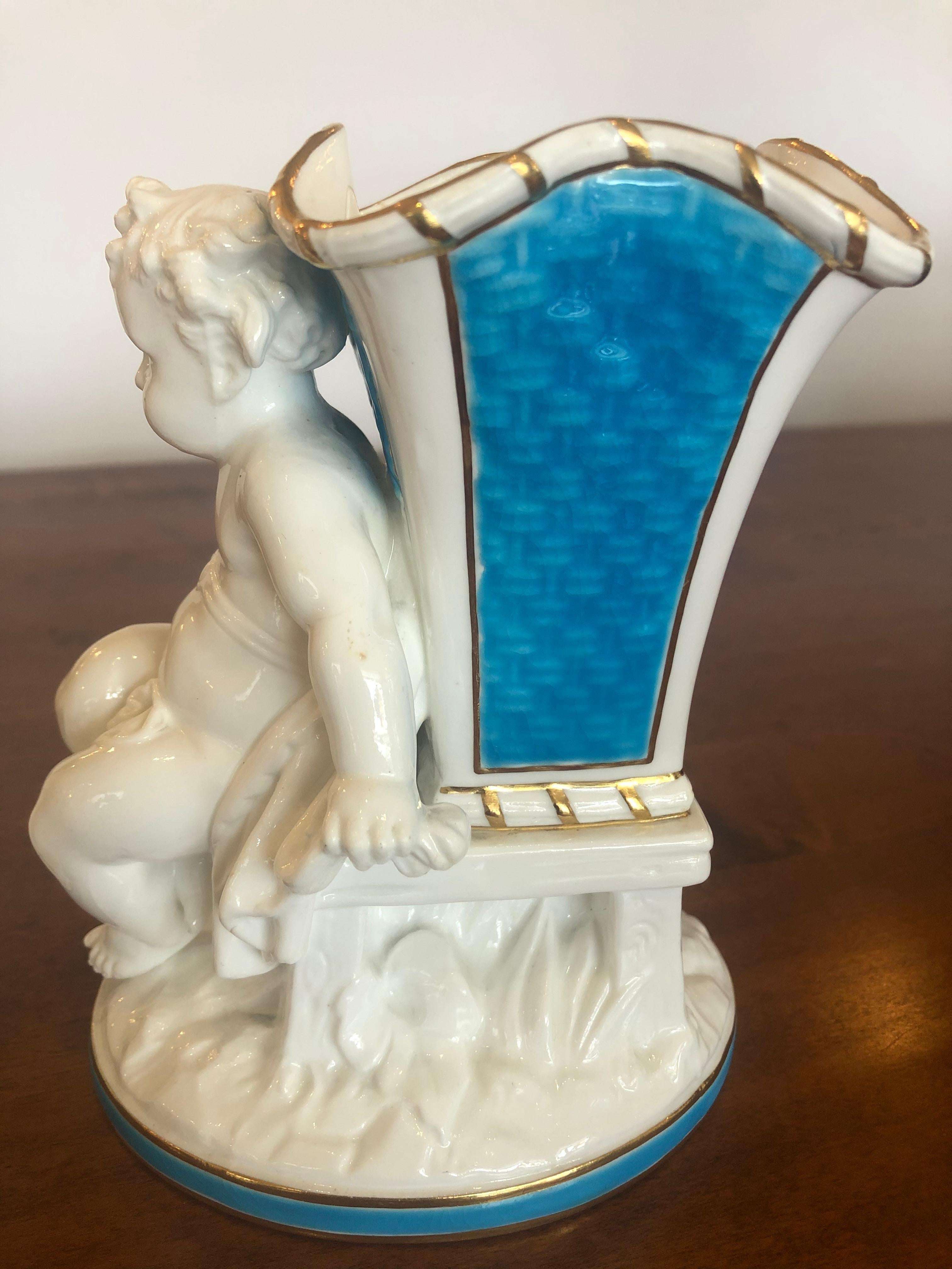 Superb Rare Pair of Cherub Minton Caldwell Tiffany Blue and White Spill Vases For Sale 9