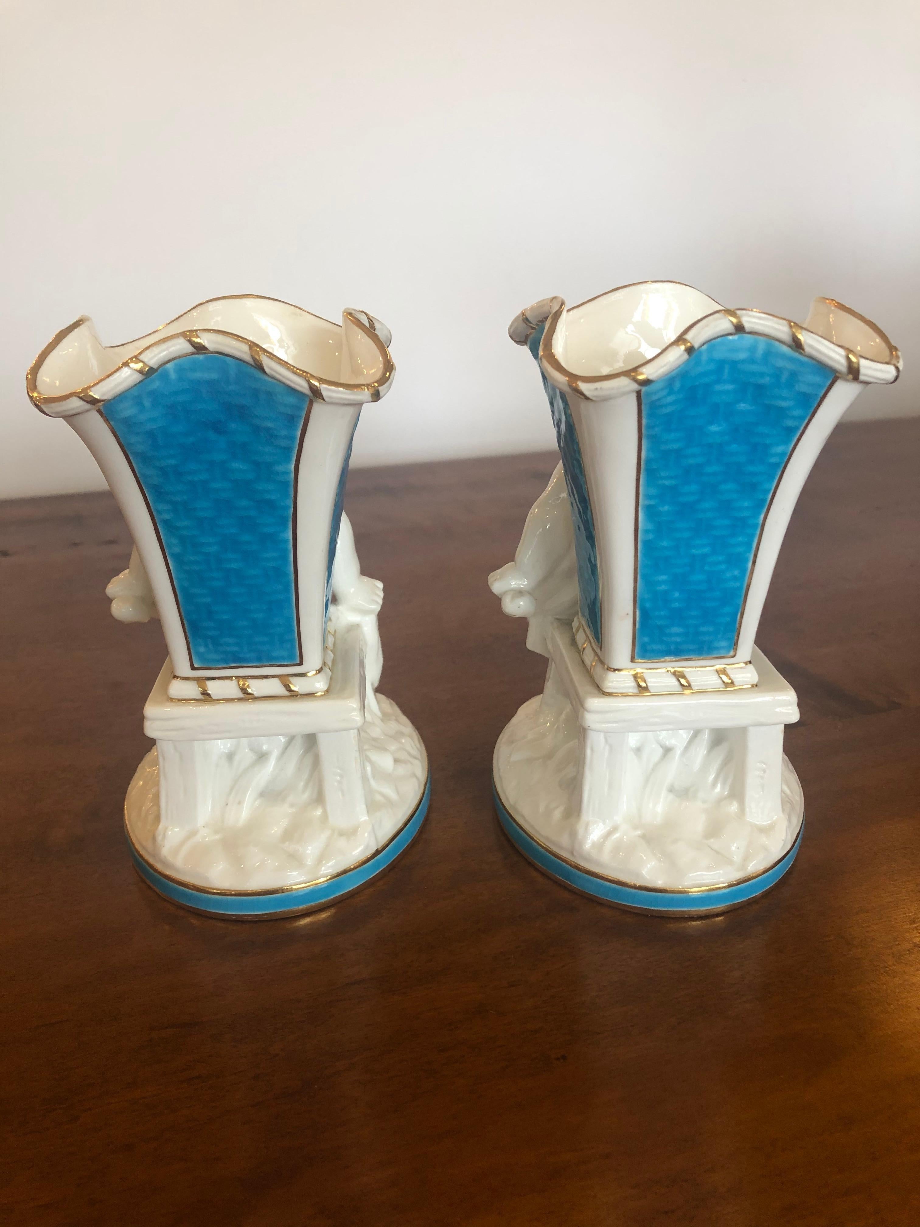 Superb Rare Pair of Cherub Minton Caldwell Tiffany Blue and White Spill Vases 10
