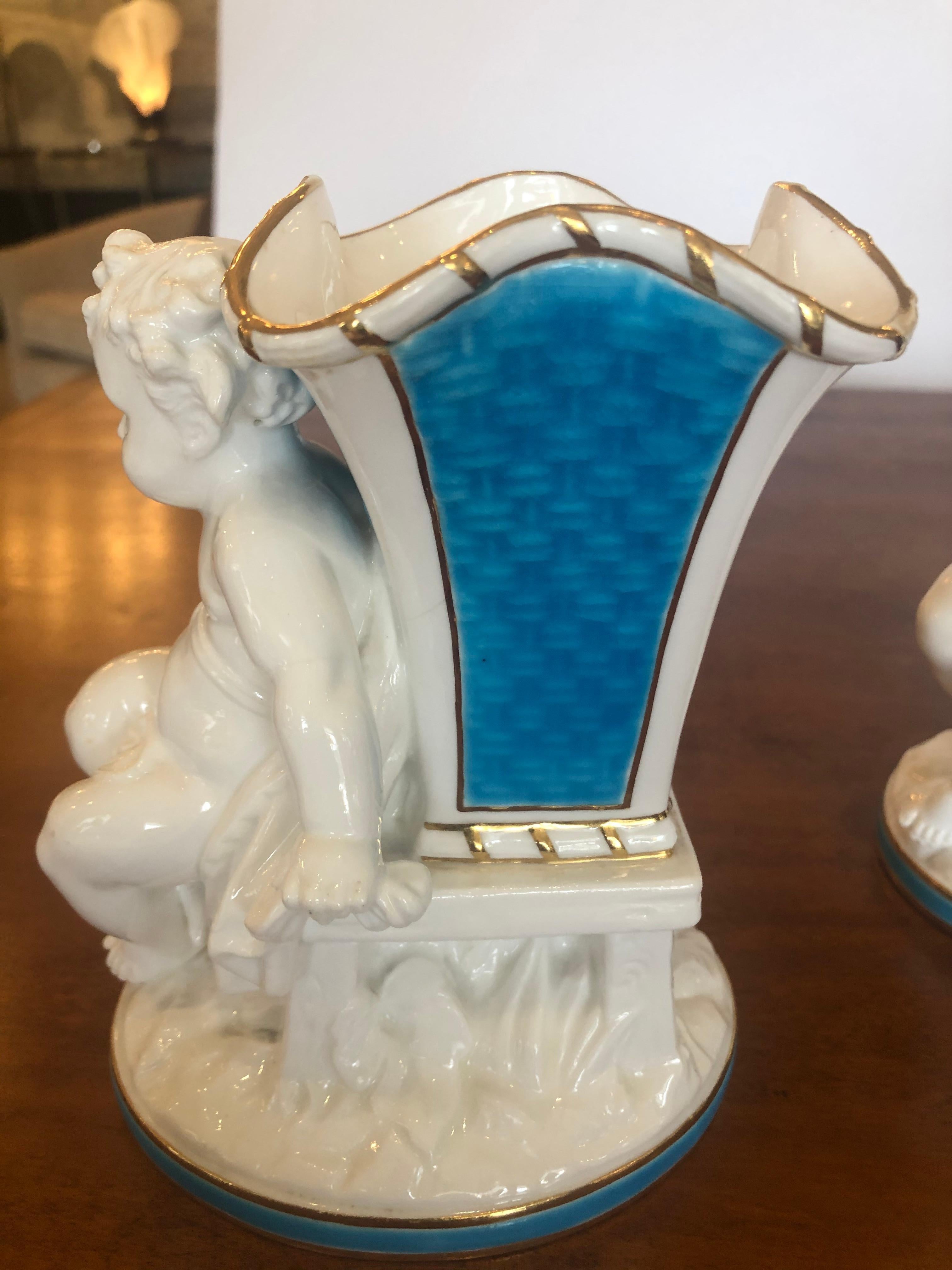 Superb Rare Pair of Cherub Minton Caldwell Tiffany Blue and White Spill Vases For Sale 11