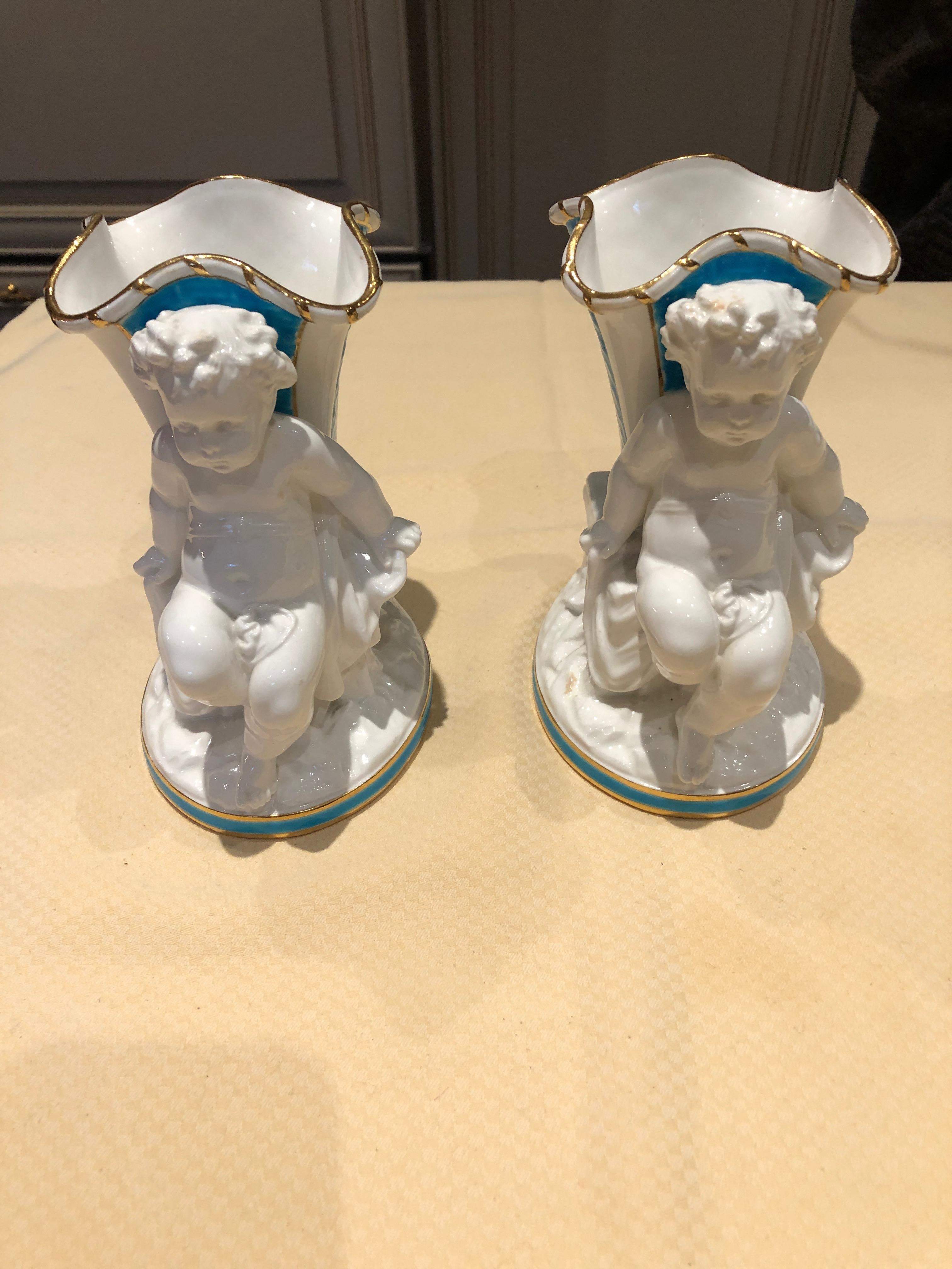 English Superb Rare Pair of Cherub Minton Caldwell Tiffany Blue and White Spill Vases For Sale