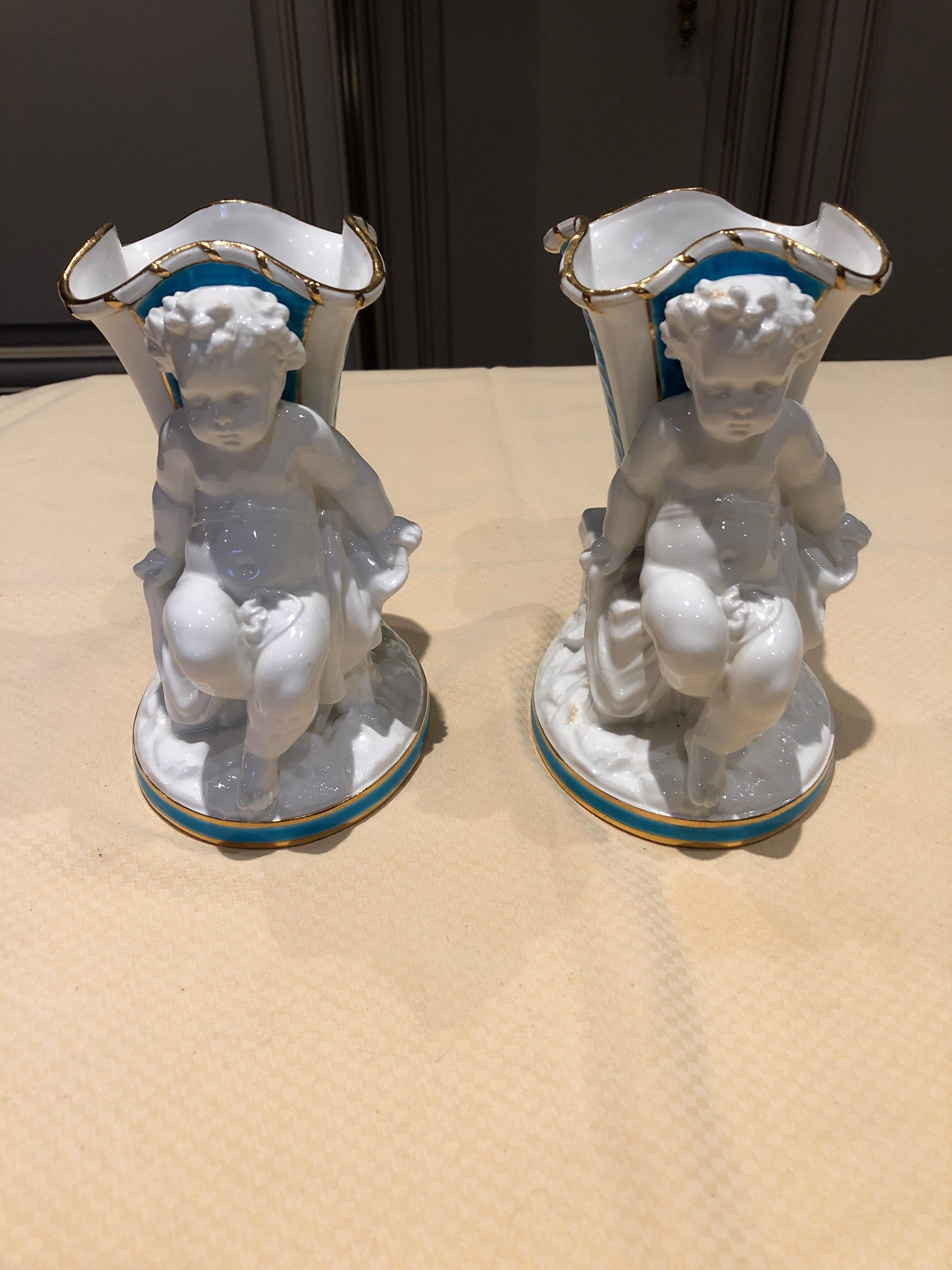 Mid-20th Century Superb Rare Pair of Cherub Minton Caldwell Tiffany Blue and White Spill Vases For Sale