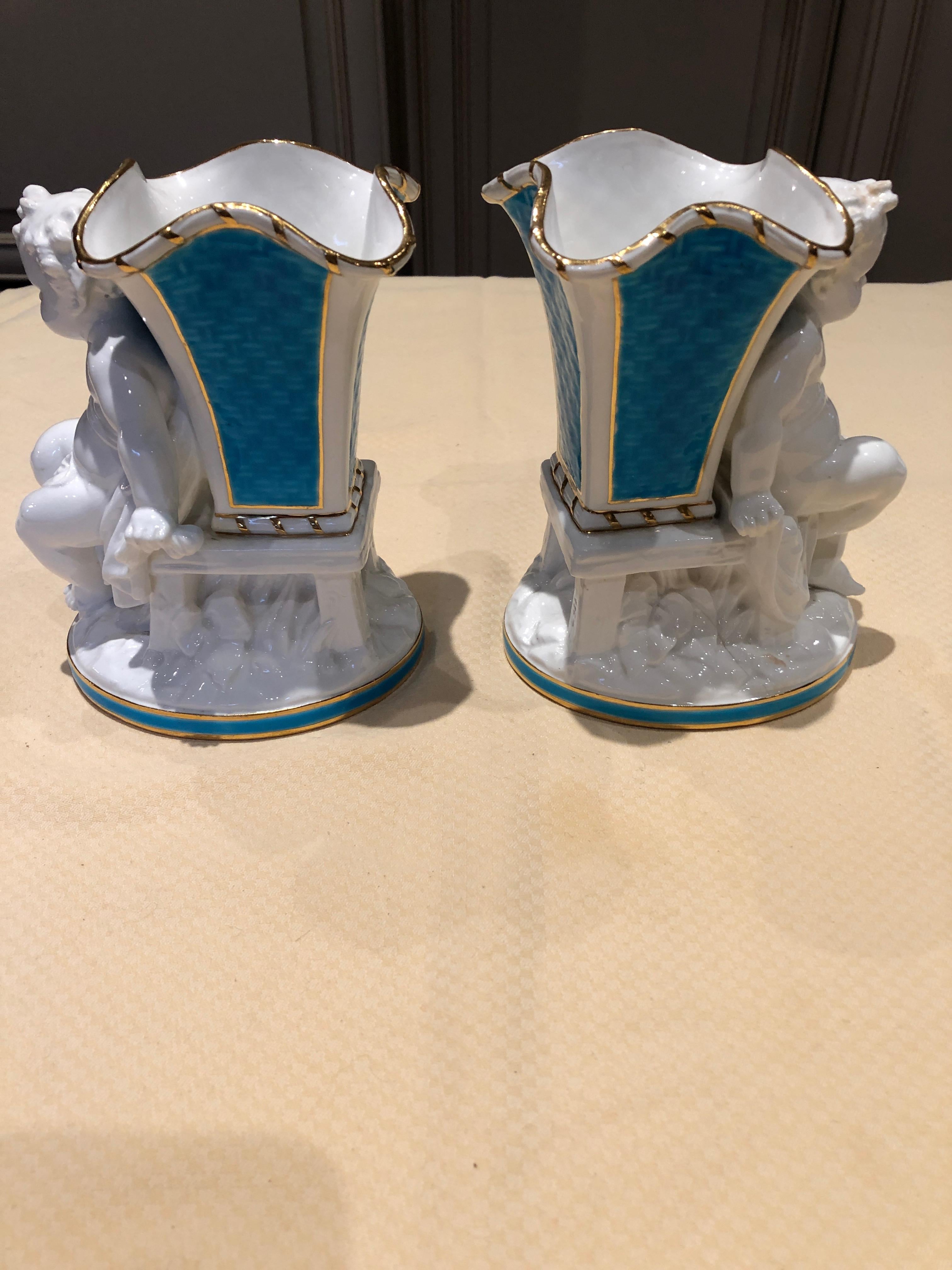 Superb Rare Pair of Cherub Minton Caldwell Tiffany Blue and White Spill Vases For Sale 1