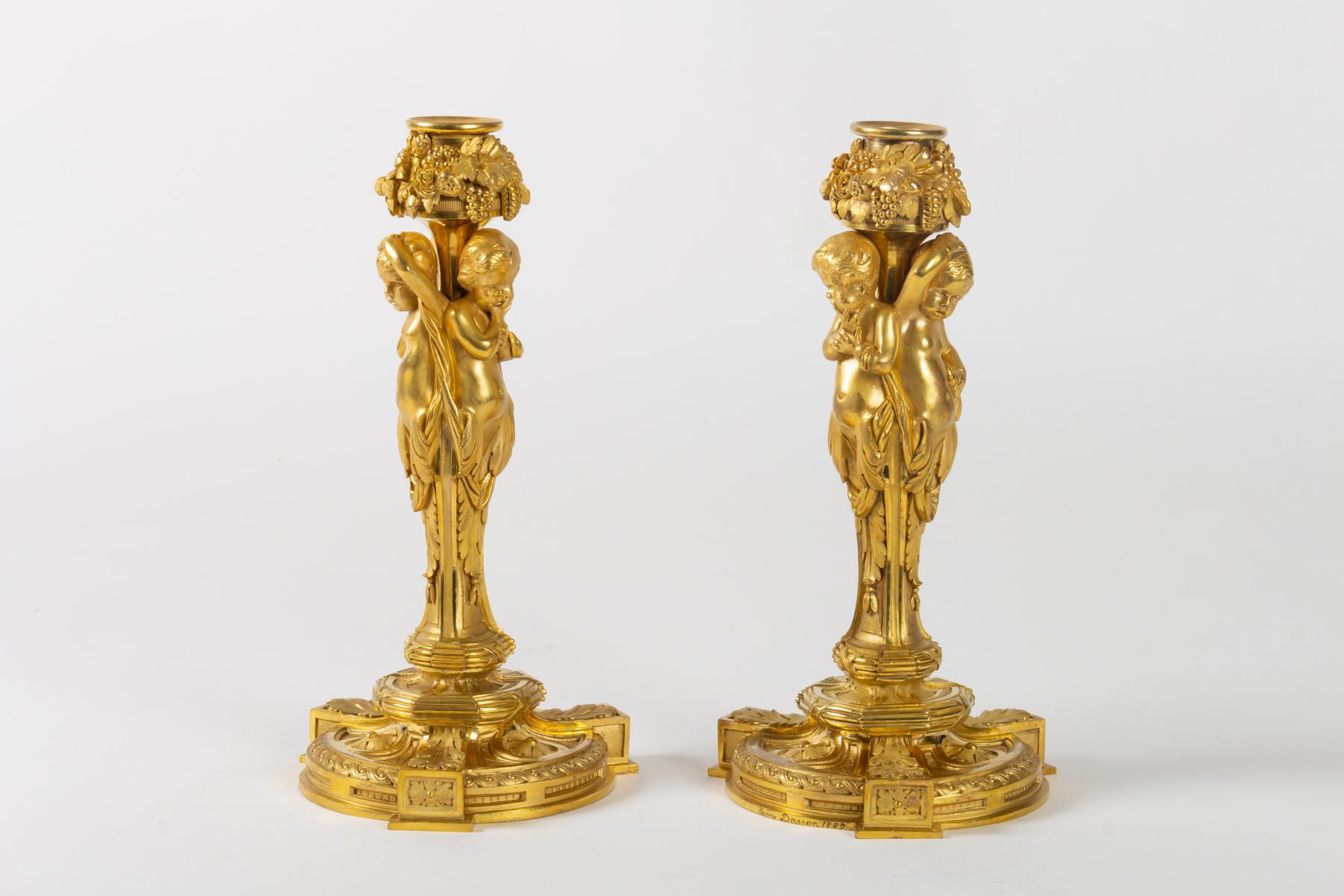 European Superb, Rare Pair of Gilt Bronze Candlesticks, Louis XVI Style, by Dasson, 1882 For Sale
