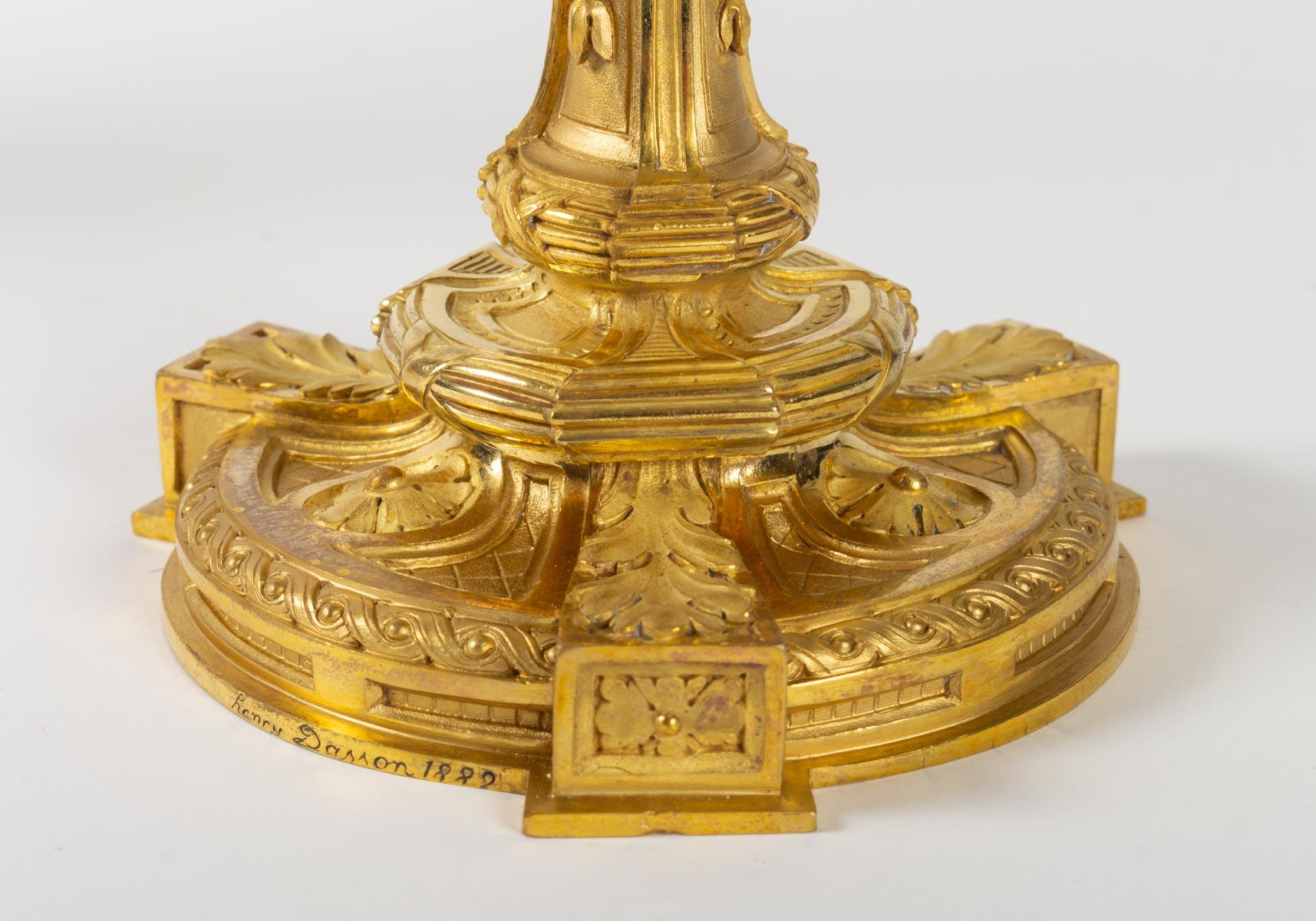 Superb, Rare Pair of Gilt Bronze Candlesticks, Louis XVI Style, by Dasson, 1882 For Sale 3