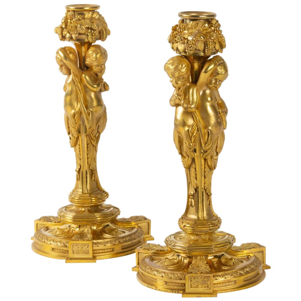 Superb, Rare Pair of Gilt Bronze Candlesticks, Louis XVI Style, by Dasson, 1882 For Sale