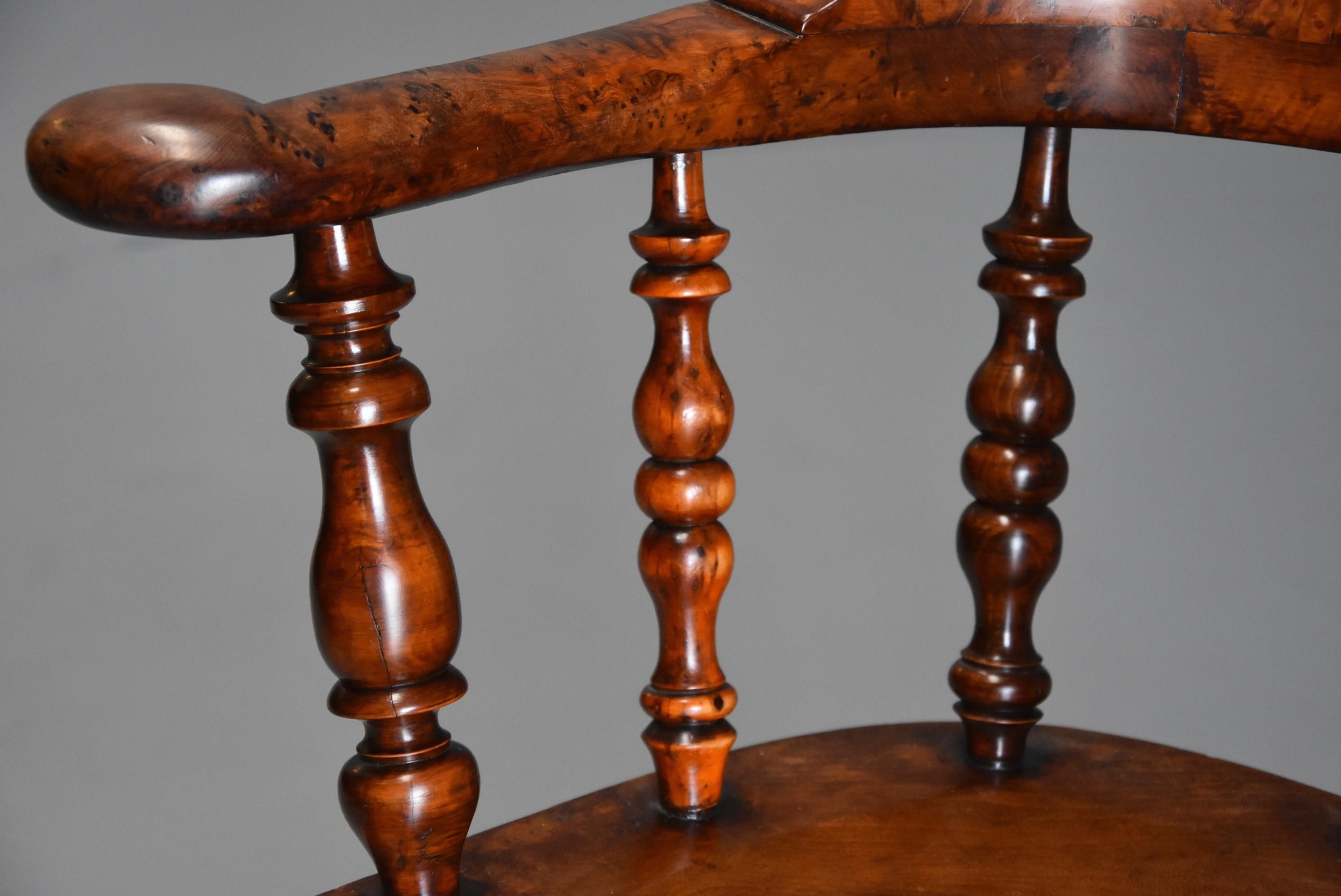 Superb Rare Set of Eight Burr Yew Broad Arm High Back Windsor Armchairs For Sale 4