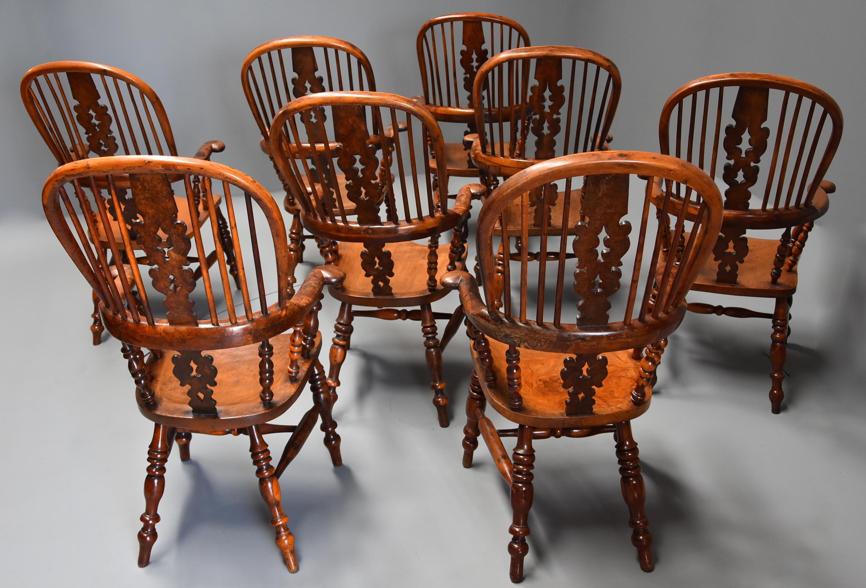 Superb Rare Set of Eight Burr Yew Broad Arm High Back Windsor Armchairs For Sale 5