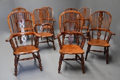 Superb Rare Set of Eight Burr Yew Broad Arm High Back Windsor Armchairs