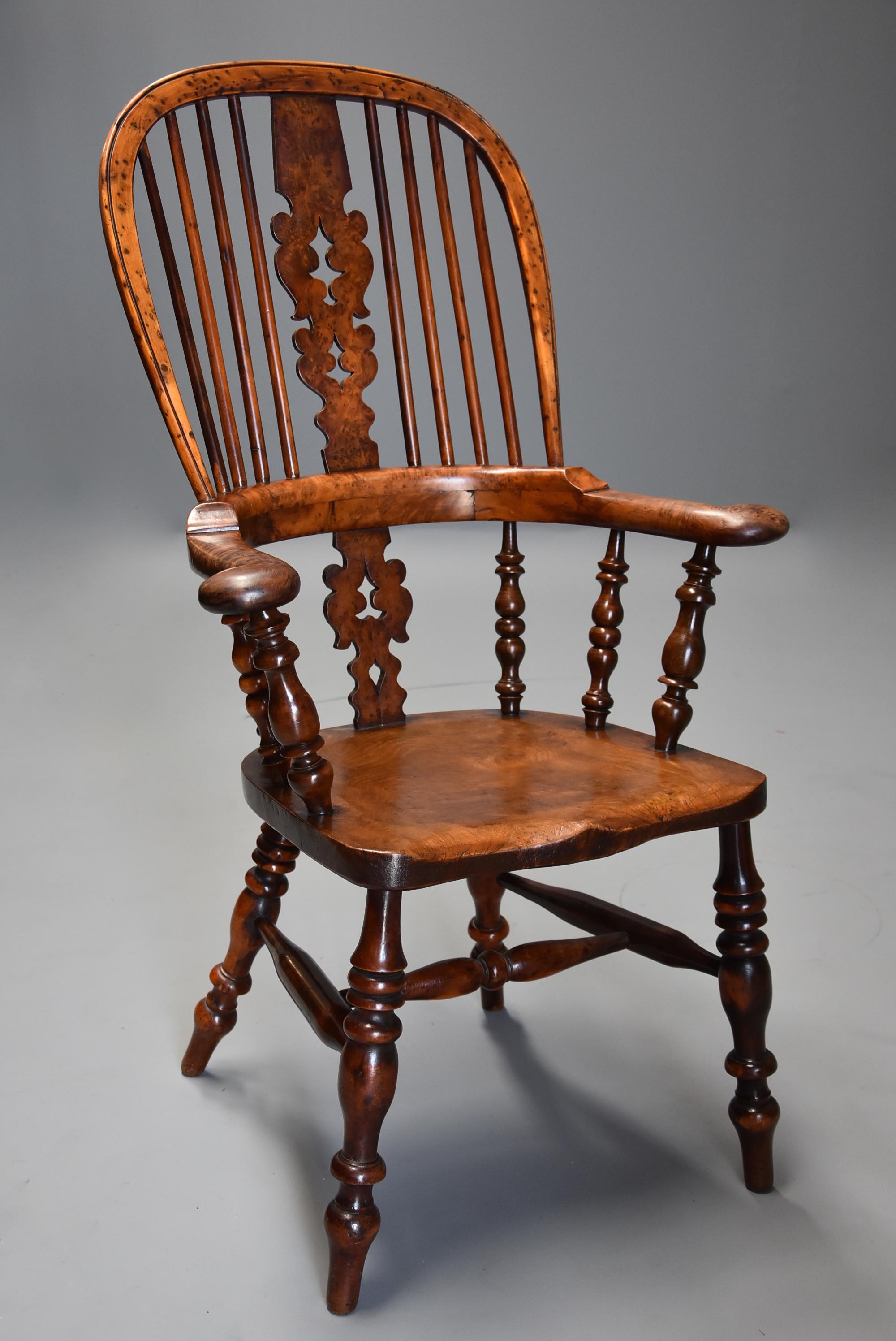 English Superb Rare Set of Eight Burr Yew Broad Arm High Back Windsor Armchairs For Sale
