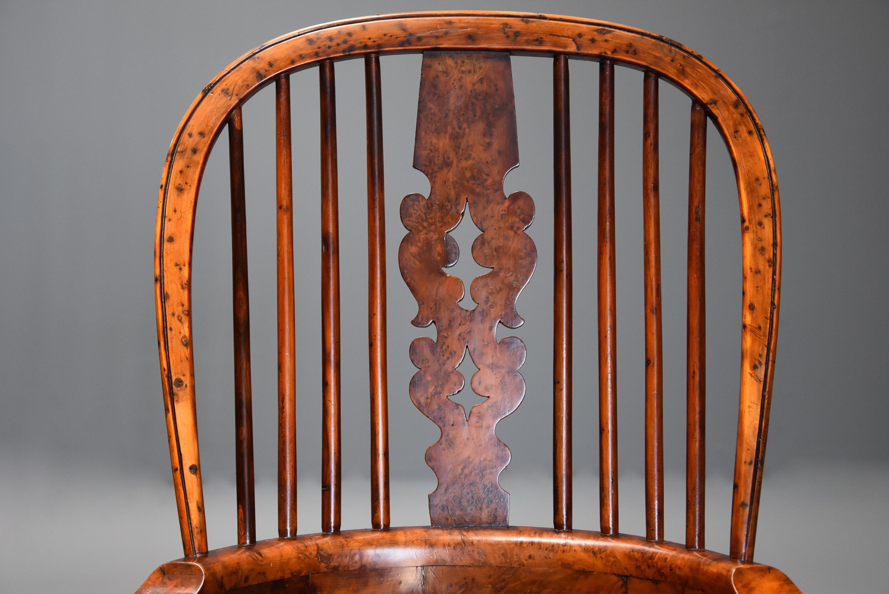 19th Century Superb Rare Set of Eight Burr Yew Broad Arm High Back Windsor Armchairs For Sale