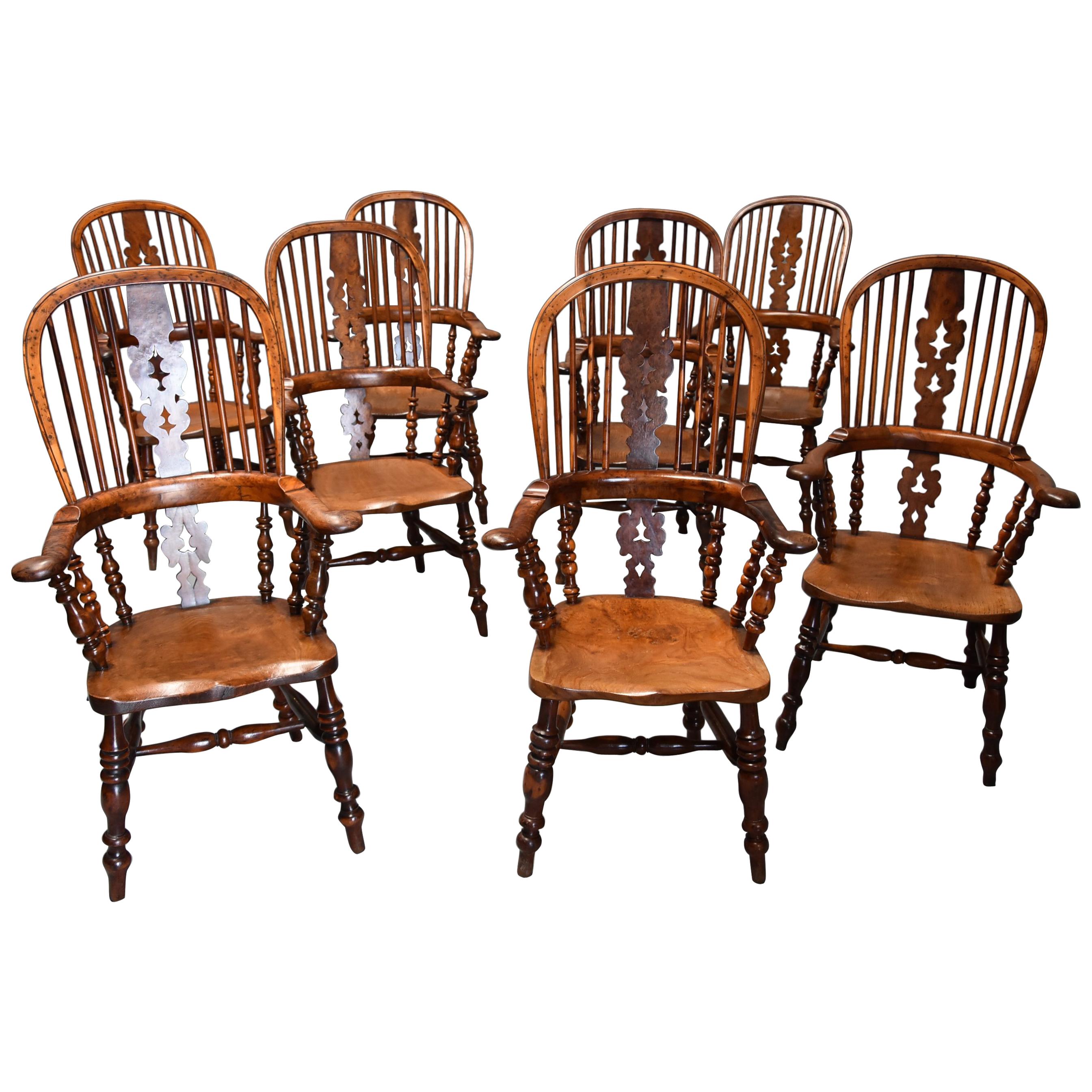 Superb Rare Set of Eight Burr Yew Broad Arm High Back Windsor Armchairs For Sale