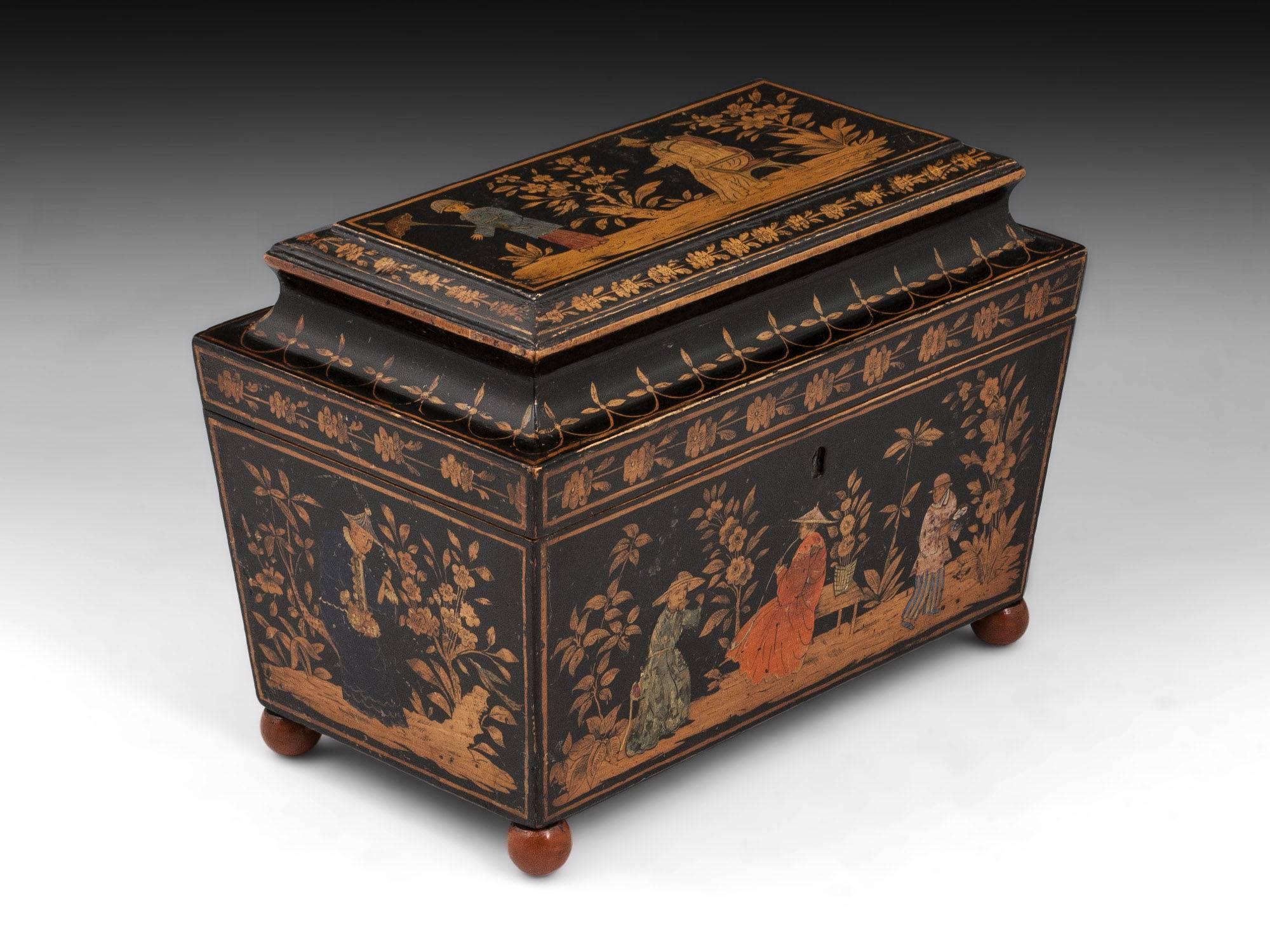 English Superb Regency Painted Penwork and Chinoiserie Sarcophagus Shaped Tea Caddy