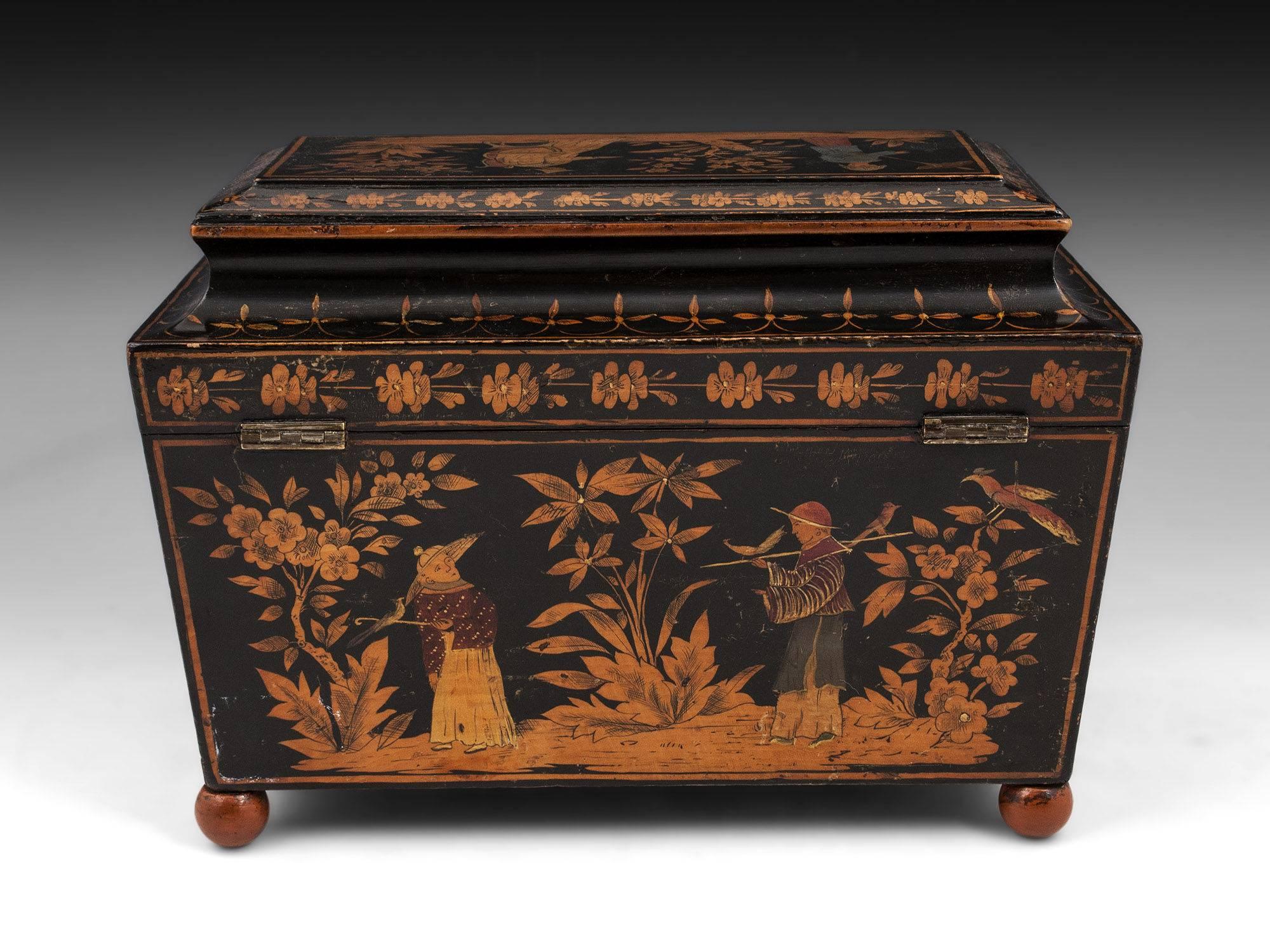 Early 19th Century Superb Regency Painted Penwork and Chinoiserie Sarcophagus Shaped Tea Caddy