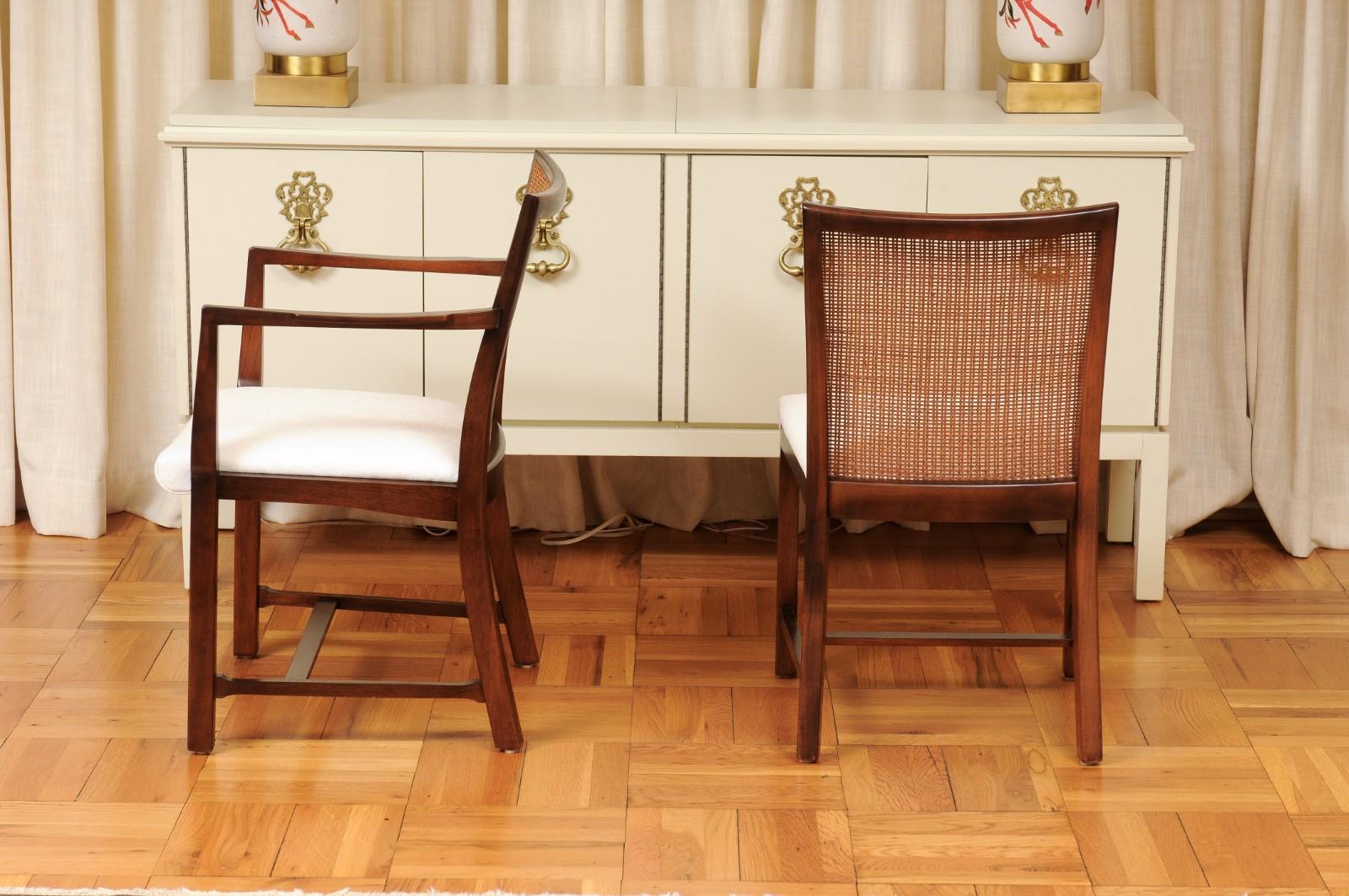 Superb Restored Set 14 Walnut and Cane Dining Chairs by Michael Taylor For Sale 4