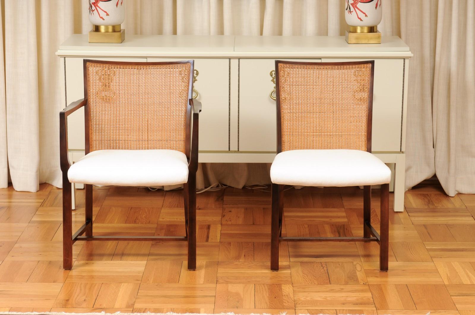 Superb Restored Set 14 Walnut and Cane Dining Chairs by Michael Taylor In Excellent Condition For Sale In Atlanta, GA