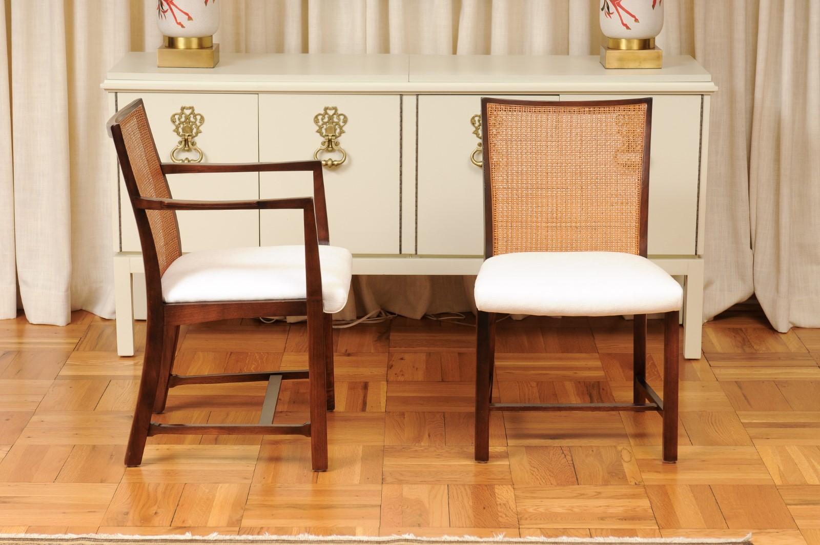 Mid-20th Century Superb Restored Set 14 Walnut and Cane Dining Chairs by Michael Taylor For Sale
