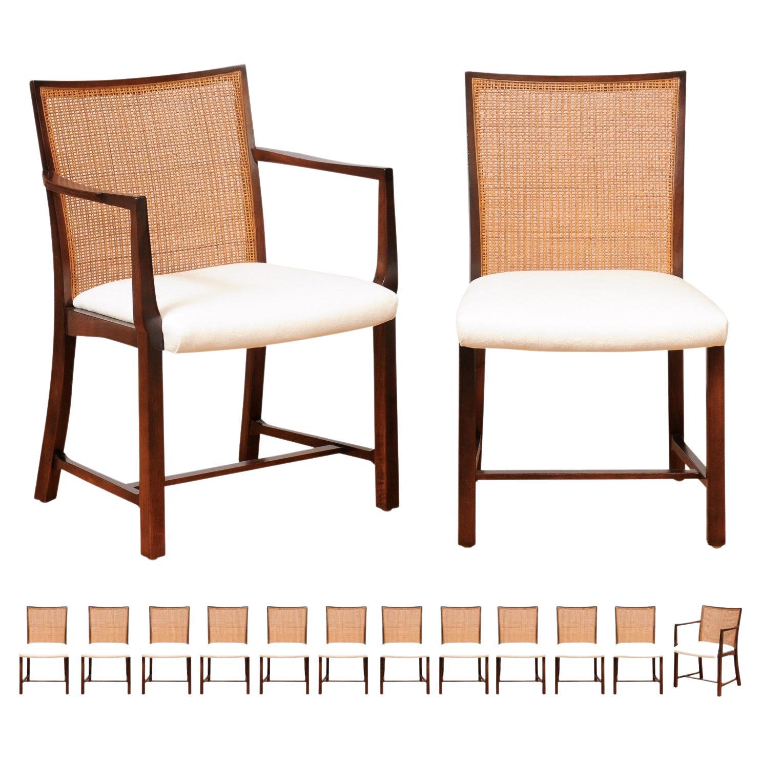 Superb Restored Set 14 Walnut and Cane Dining Chairs by Michael Taylor For Sale