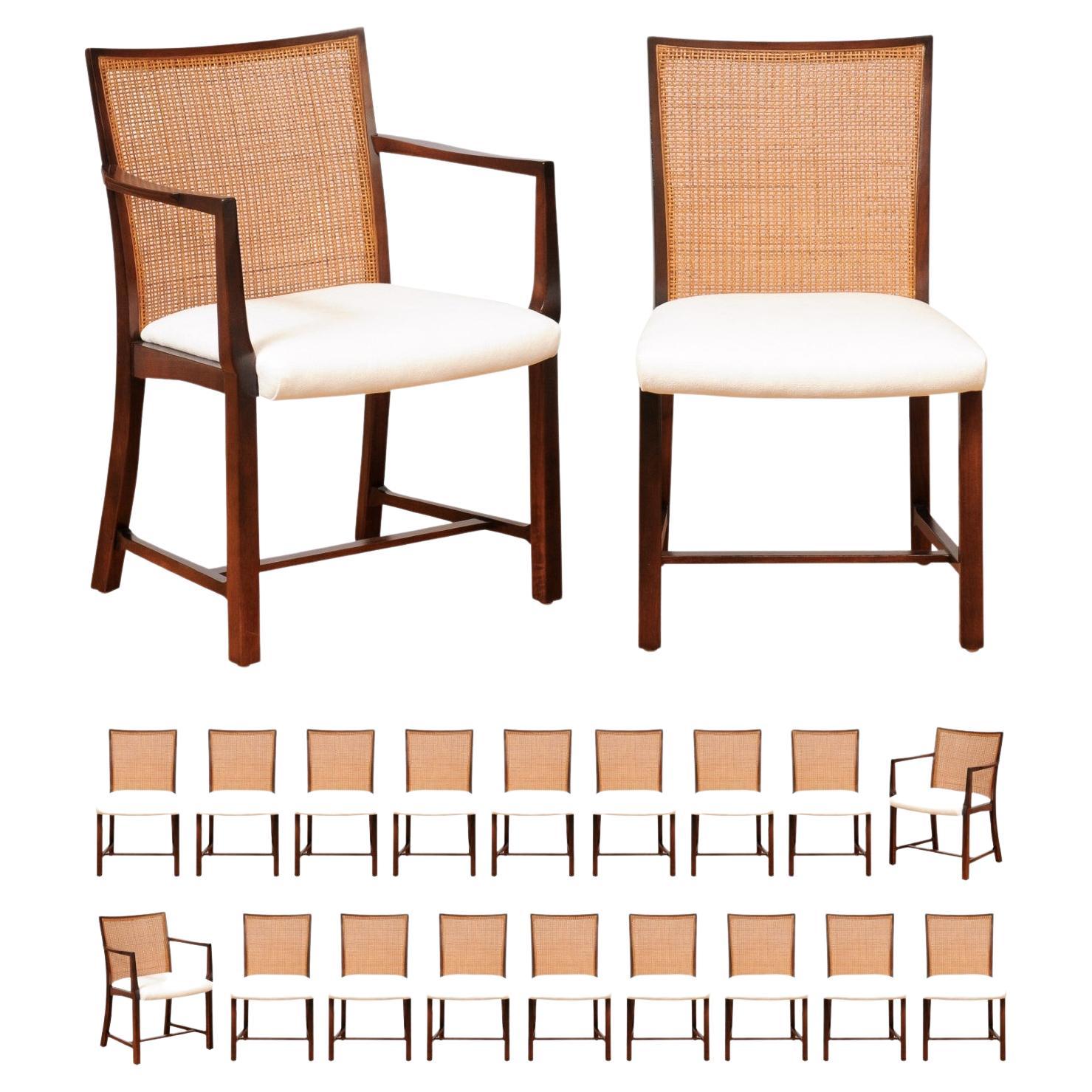 Superb Restored Set 20 Walnut and Cane Dining Chairs by Michael Taylor For Sale