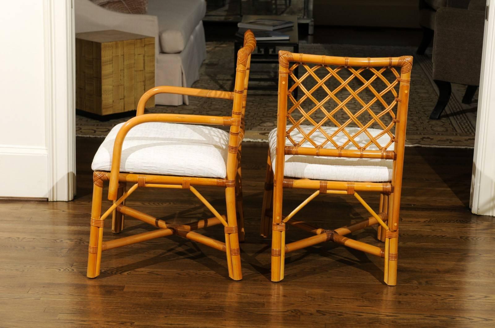 American Superb Restored Set of Eight Vintage Rattan and Cane Lattice Back Dining Chairs