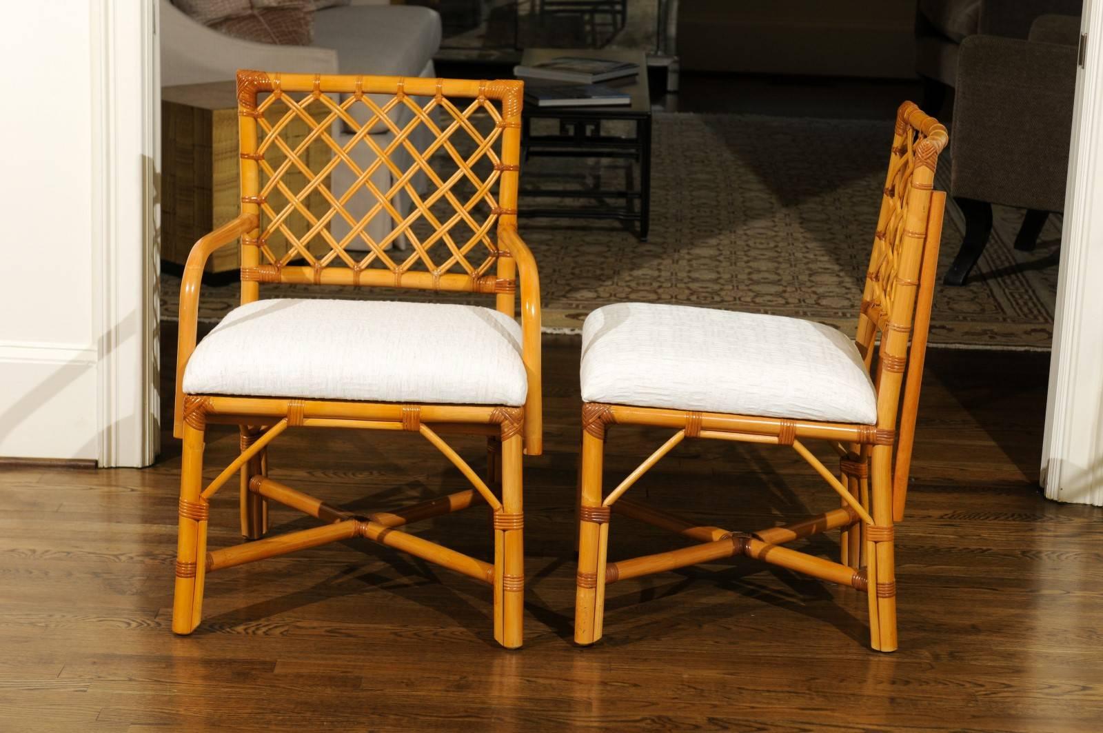 Superb Restored Set of Eight Vintage Rattan and Cane Lattice Back Dining Chairs In Excellent Condition In Atlanta, GA