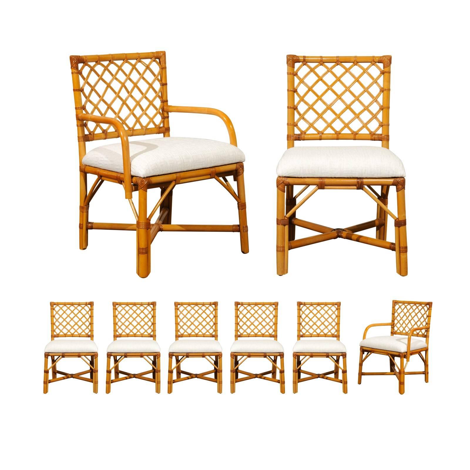 Superb Restored Set of Eight Vintage Rattan and Cane Lattice Back Dining Chairs