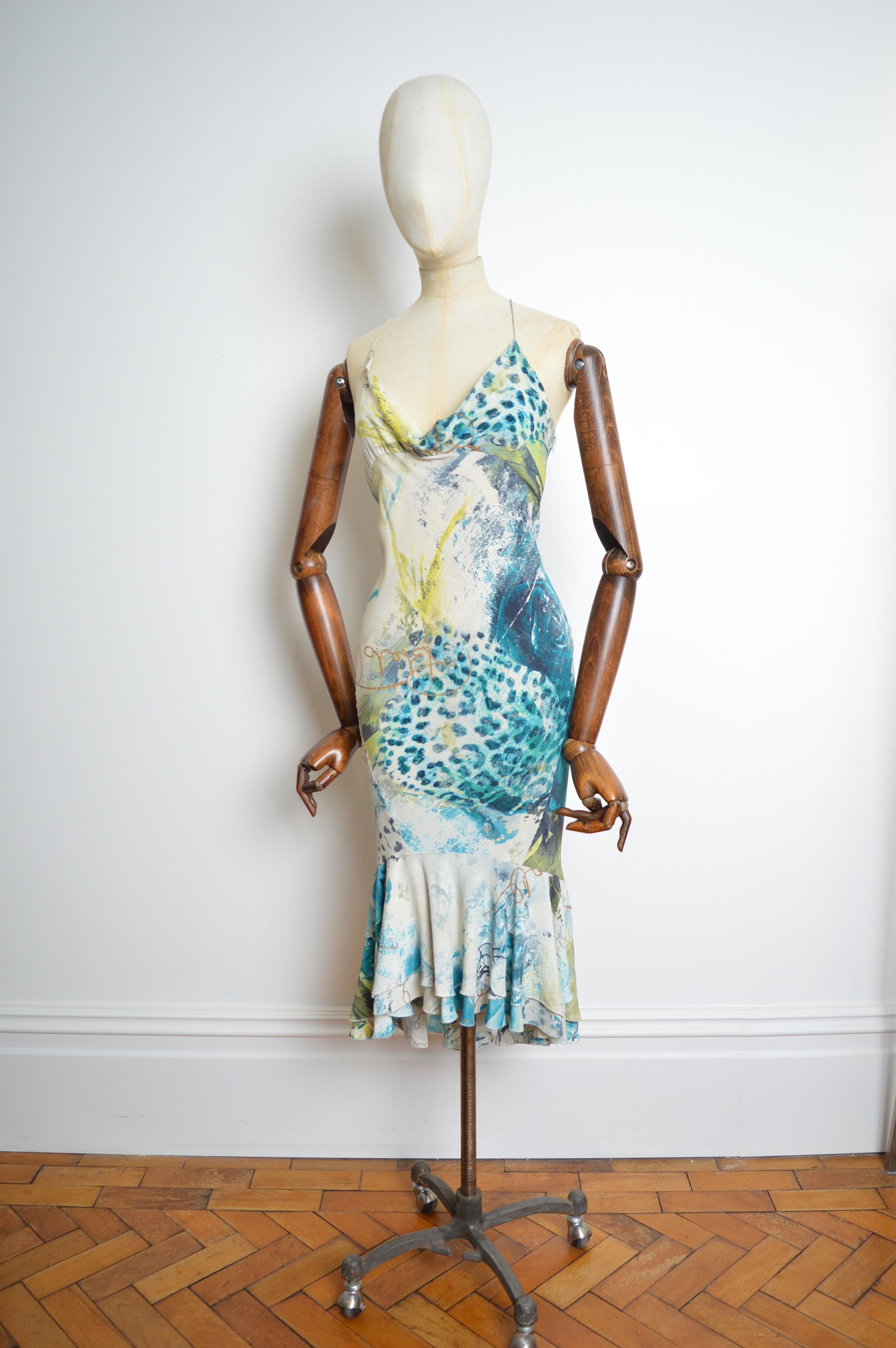 Superb Roberto Cavalli Bias Cut Silk draped blue leopard mermaid tail Dress 6