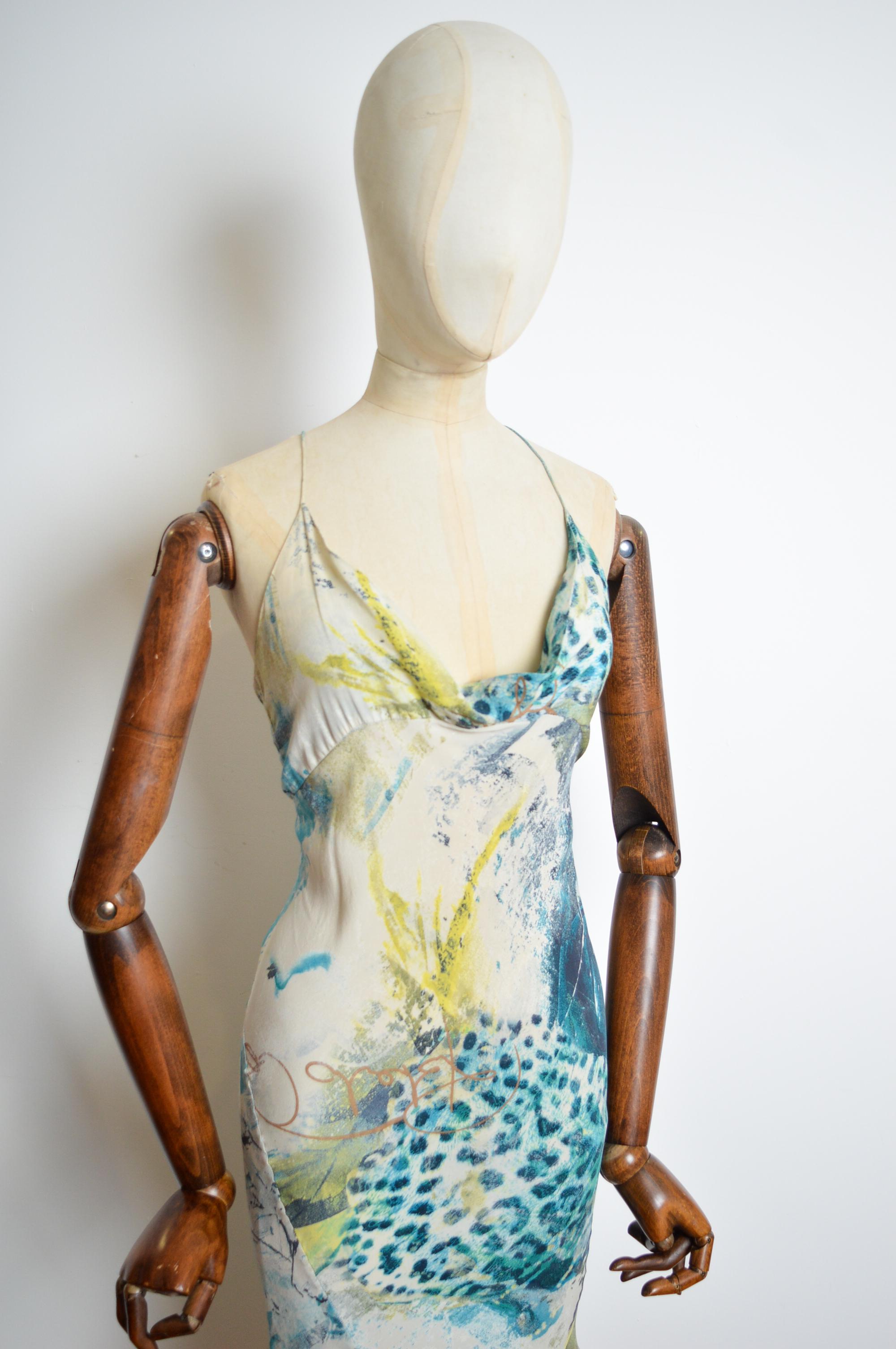 Superb Roberto Cavalli Bias Cut Silk draped blue leopard mermaid tail Dress 8