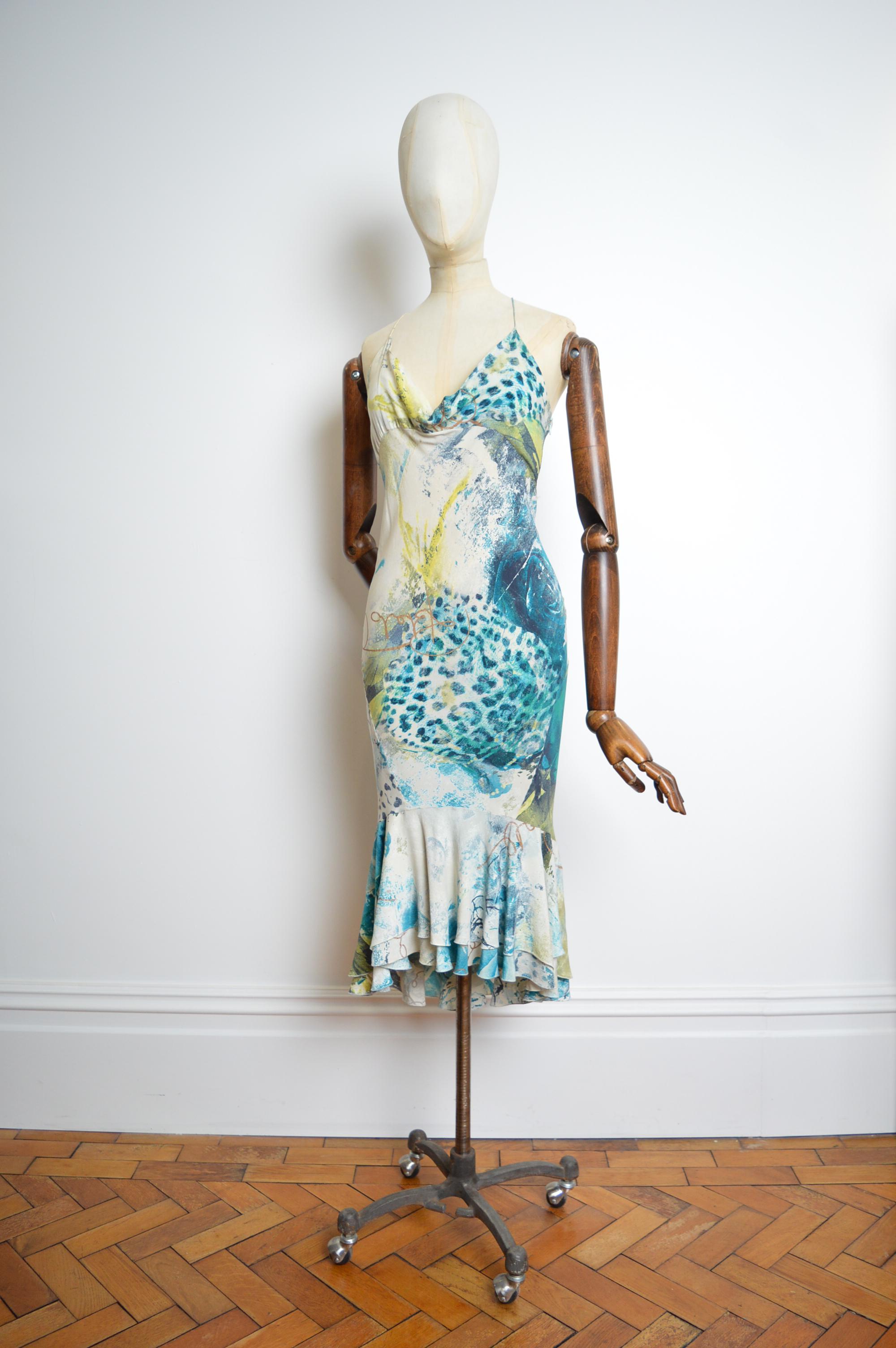 Superb Roberto Cavalli early 2000's Bias cut pure silk, draped blue leopard patterned strappy mermaid tail Dress ! 
(Circa Spring 2004)
Features; Spaghetti strap shoulders, Instantly recognisable Roberto Cavalli print, super flattering flared,