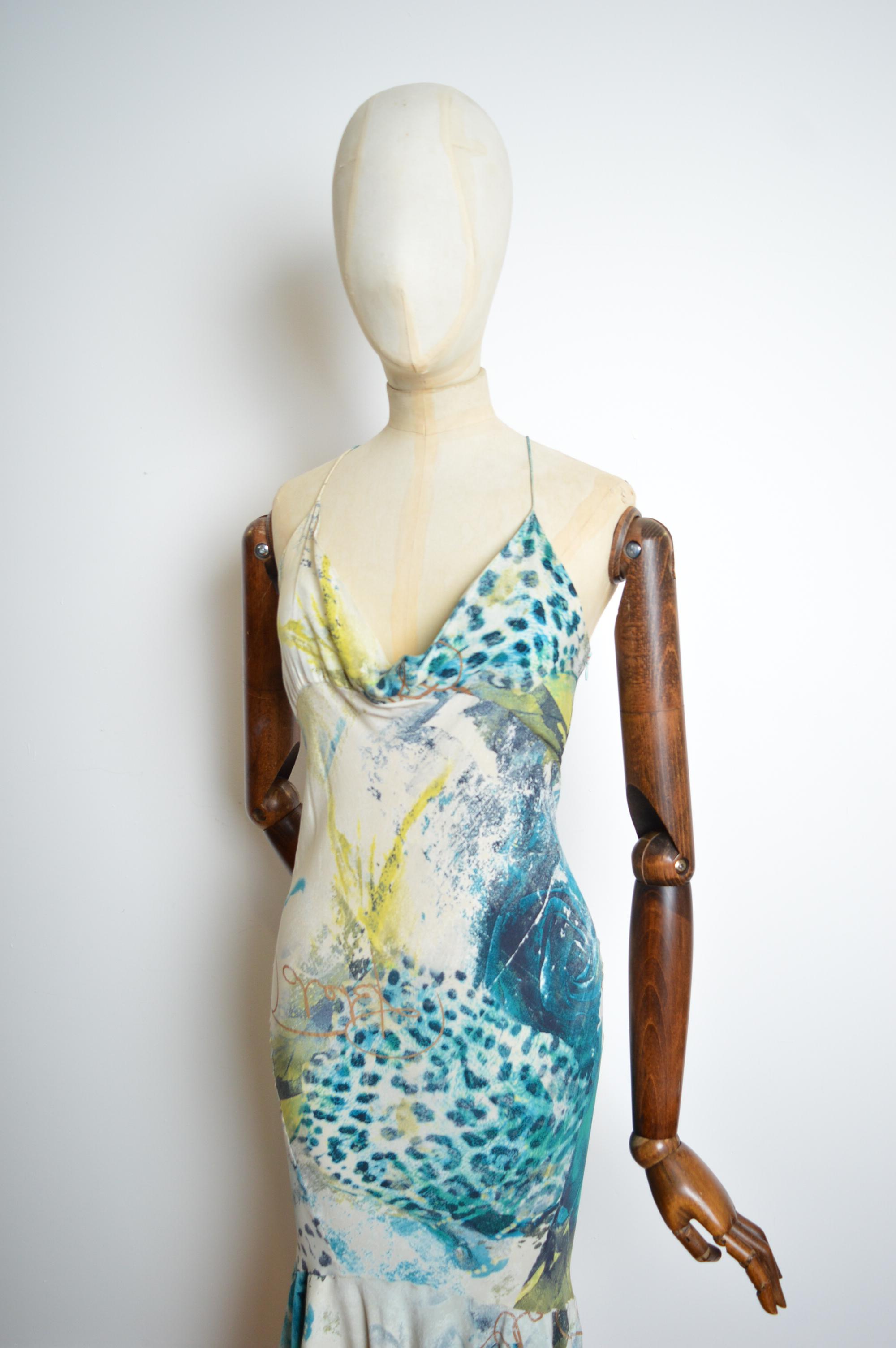 Gray Superb Roberto Cavalli Bias Cut Silk draped blue leopard mermaid tail Dress