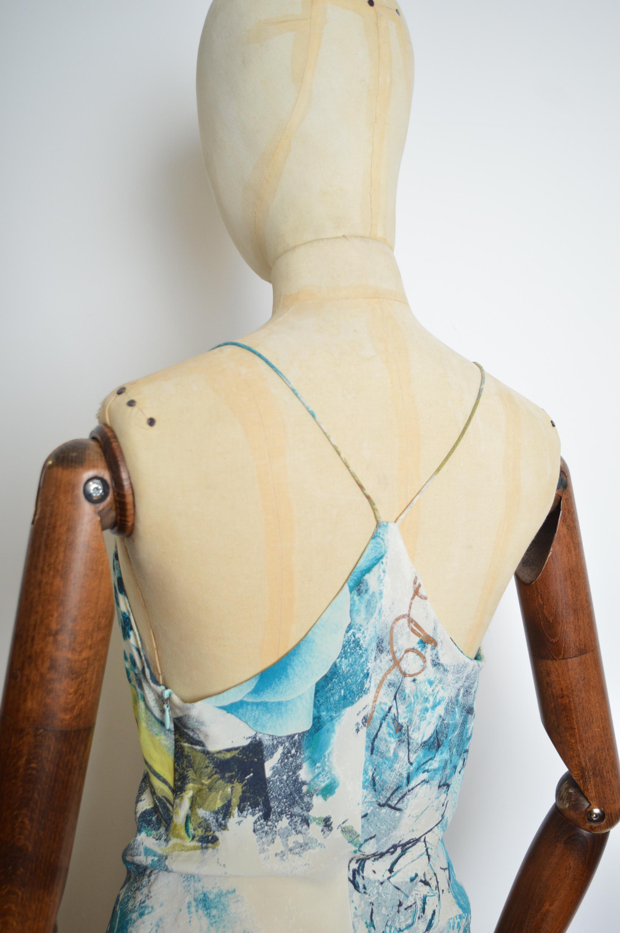Superb Roberto Cavalli Bias Cut Silk draped blue leopard mermaid tail Dress In Fair Condition In Sheffield, GB