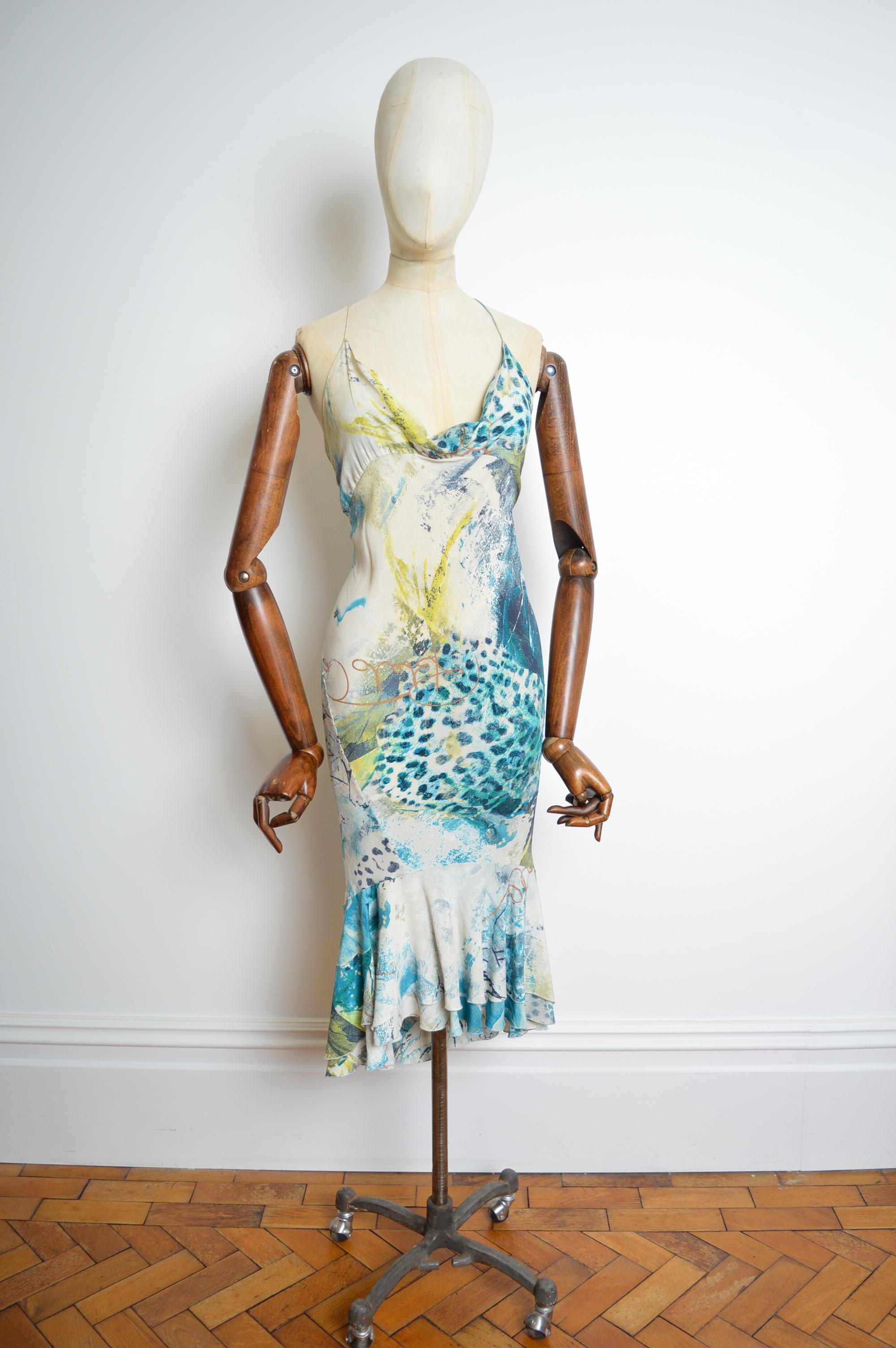 Women's Superb Roberto Cavalli Bias Cut Silk draped blue leopard mermaid tail Dress